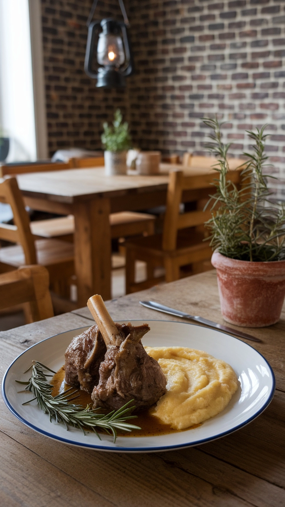 12 Cozy Fall Dinner Recipes To Warm You Up 11 A plate of braised lamb shanks with rosemary served with creamy polenta on a rustic wooden table.