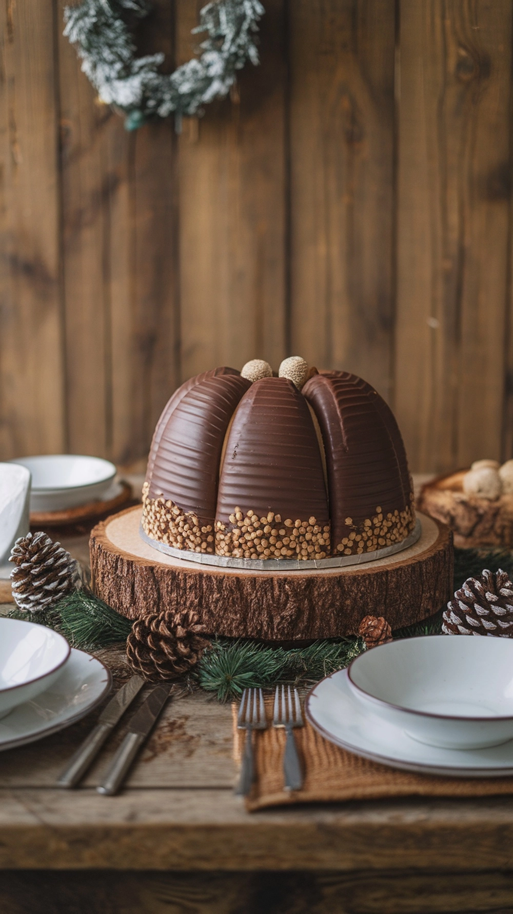 16 Irresistible Christmas Desserts That Will Wow Your Guests 8 A beautifully decorated Buche de Noel (Yule Log) cake on a wooden table, surrounded by pinecones and greenery.