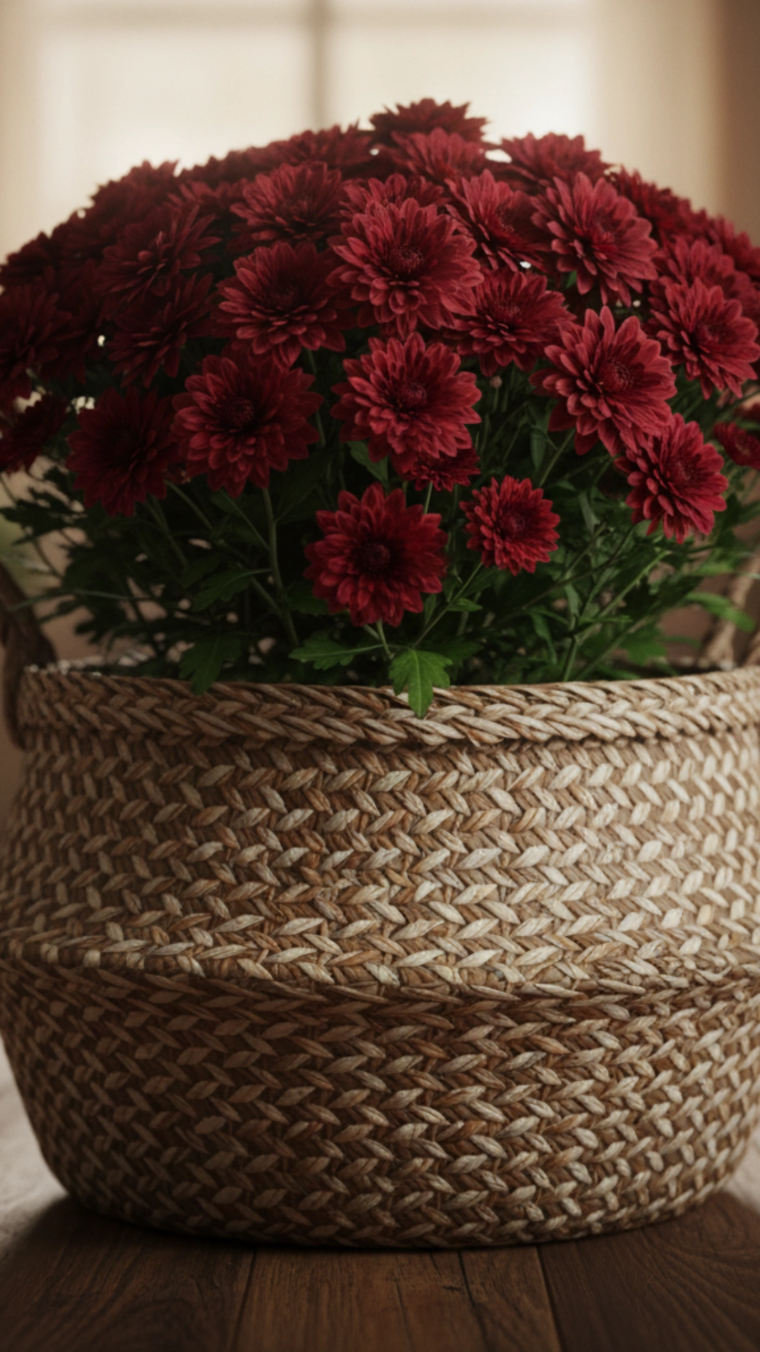 15 Unforgettable Rustic Living Room Decor Ideas 28 A close-up of a beautiful pot of deep red chrysanthemums planted in a rustic woven basket.