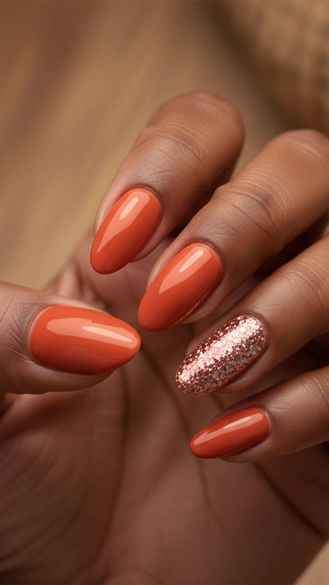 25 Jaw-Dropping Fall Nail Ideas You Must Try 8 Burnt orange nails with a sparkling copper glitter accent nail on the ring finger.