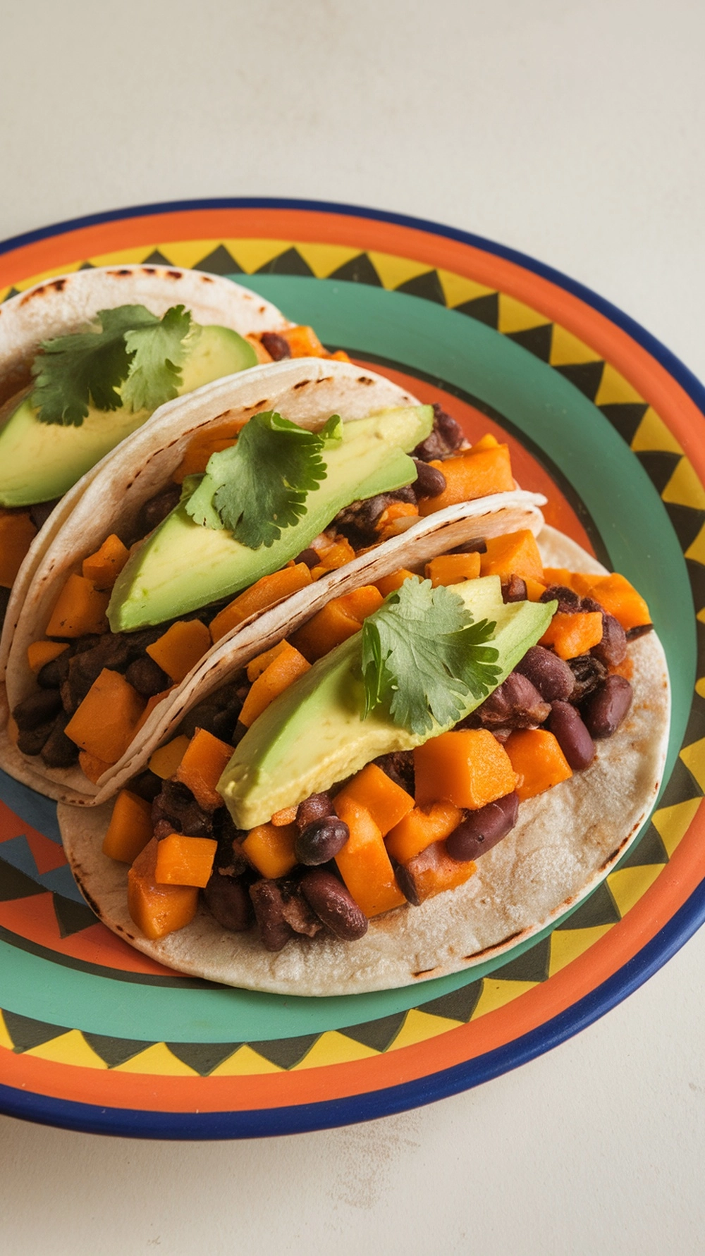 Three butternut squash and black bean tacos topped with avocado and cilantro on a colorful plate.