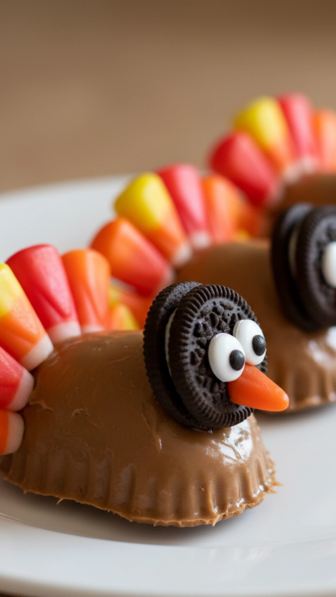 My Top 10 Fun Thanksgiving Snacks for Kids 3 Three cute Thanksgiving turkey snacks made from cookies, candy corn, and peanut butter cups.