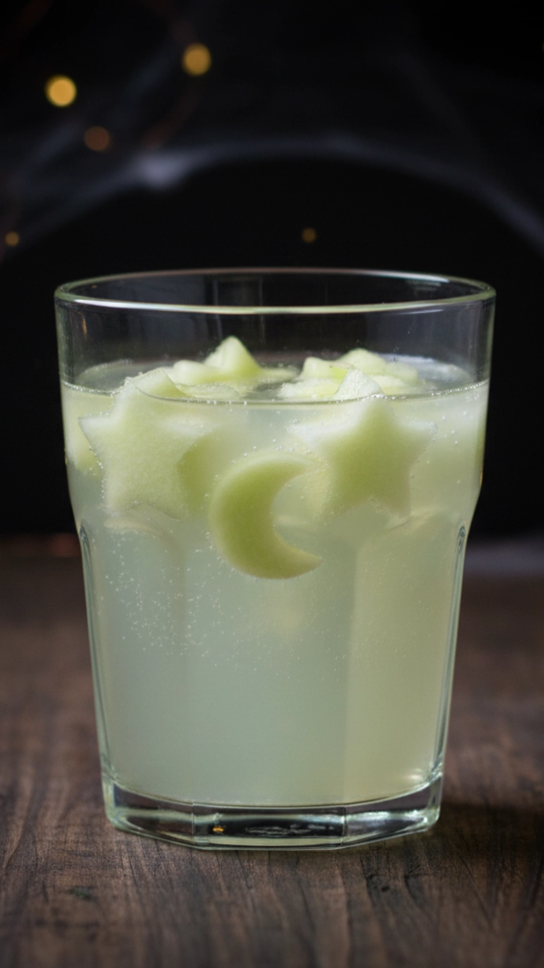 15 Fun Non Alcoholic Halloween Punch Recipes 16 An elegant pale green melon punch, a unique nonalcoholic Halloween recipe, garnished with moon and star-shaped melon pieces.