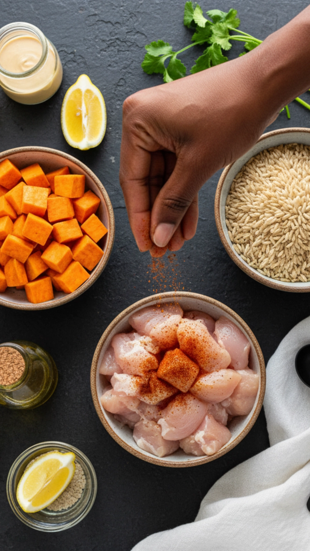 Power-Packed Chicken Rice Bowl: A Healthy Delight 3 A woman's hand seasoning raw chicken, surrounded by all the ingredients needed for the sweet potato chicken rice bowl recipe.