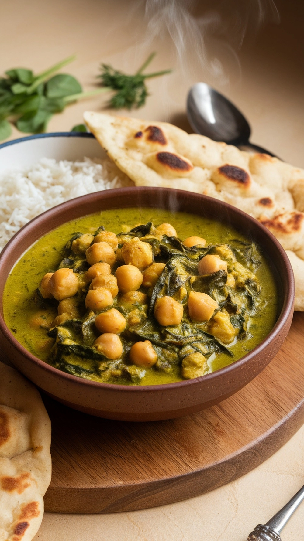 10 High Fiber Dinner Recipes for a Healthier You 2 A bowl of chickpea and spinach curry served with rice and naan.