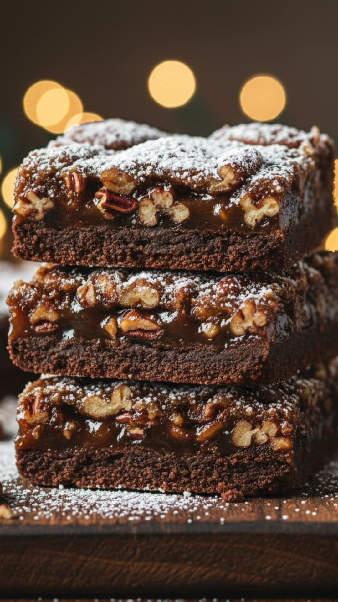 Epic Thanksgiving Desserts to Impress Your Guests 4 Stack of three rich chocolate bourbon pecan bars with a gooey pecan topping.
