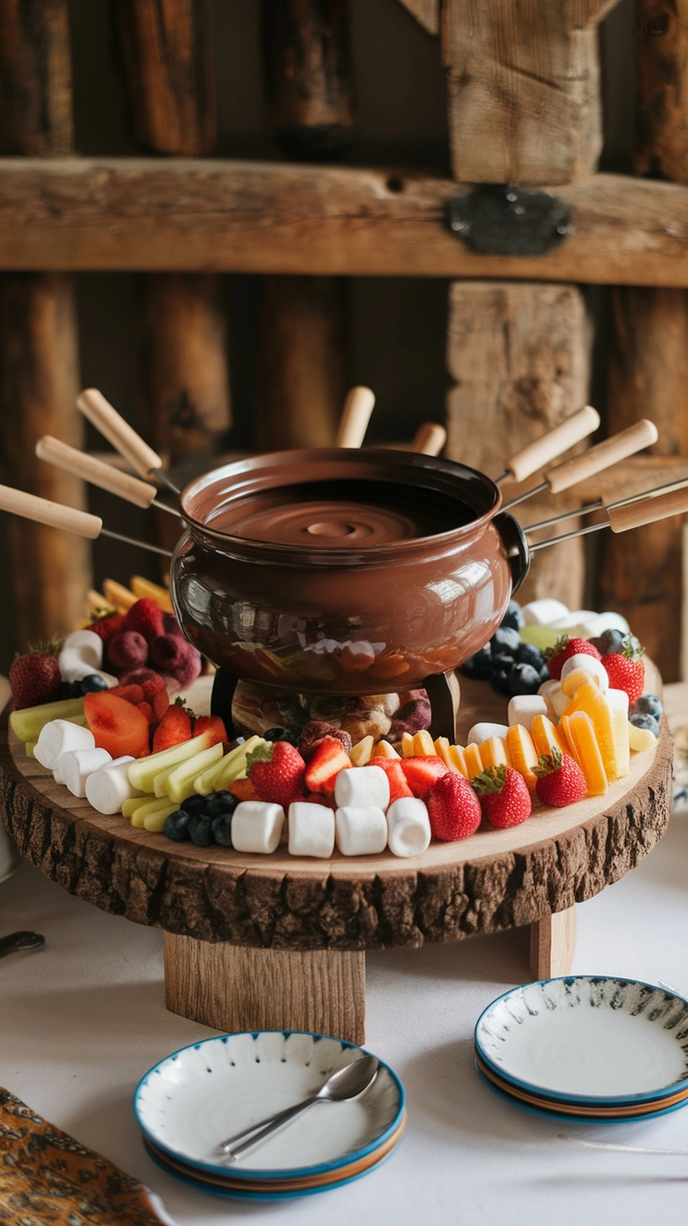 16 Irresistible Christmas Desserts That Will Wow Your Guests 11 A chocolate fondue pot surrounded by various dippers like fruits, marshmallows, and cake on a wooden platter.