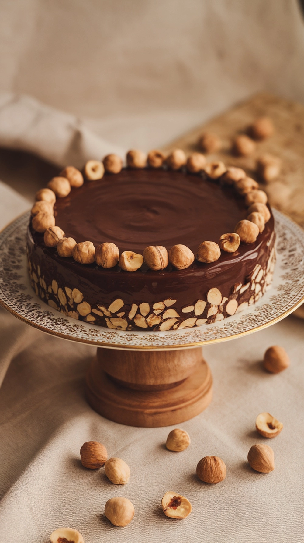 16 Irresistible Christmas Desserts That Will Wow Your Guests 13 A beautifully decorated chocolate hazelnut torte on a wooden cake stand, surrounded by hazelnuts.