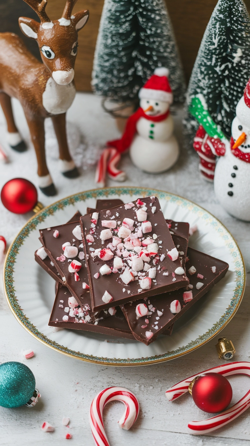 16 Irresistible Christmas Desserts That Will Wow Your Guests 2 A plate of chocolate peppermint bark topped with crushed peppermint, surrounded by festive decorations.