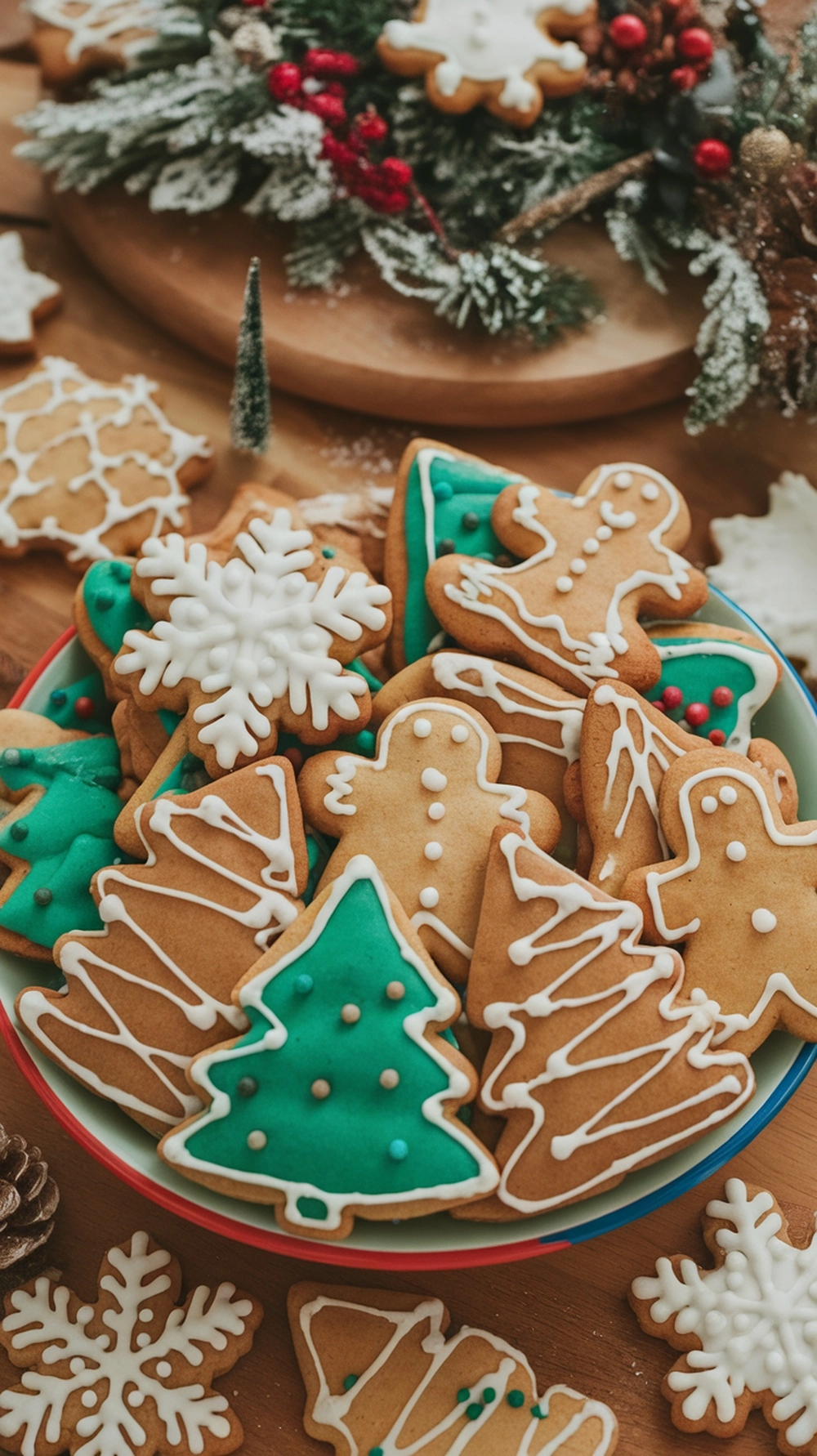16 Irresistible Christmas Desserts That Will Wow Your Guests 5 A colorful assortment of Christmas cookies including gingerbread men, Christmas trees, and snowflakes, beautifully arranged on a plate.