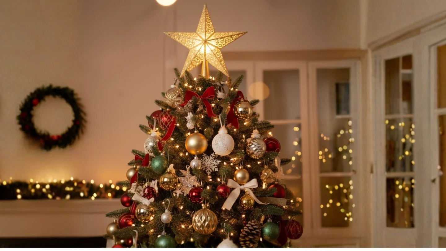 A richly decorated Christmas tree showcasing a variety of Christmas Tree Decor Ideas ornaments, ribbons, and lights, creating a grand and inspiring festive atmosphere in a cozy living room.