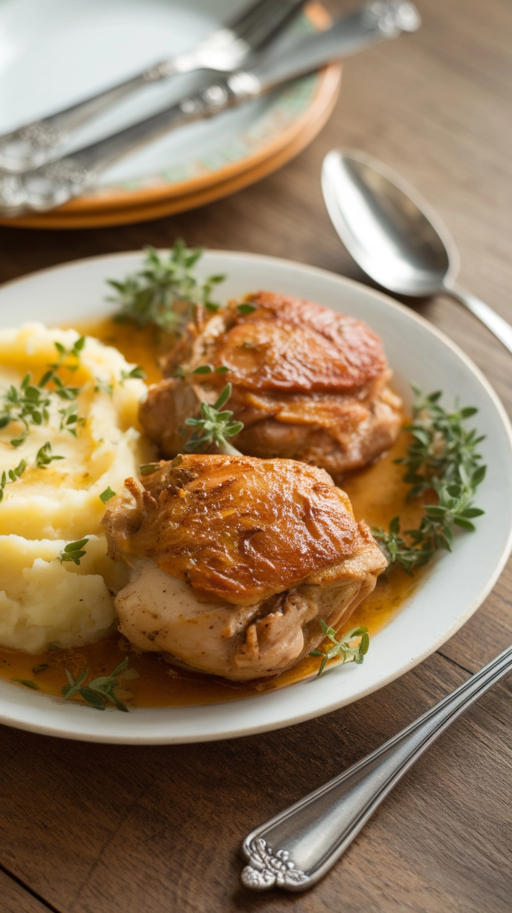 12 Cozy Fall Dinner Recipes To Warm You Up 5 A plate of cider-braised chicken thighs with mashed potatoes and herbs.