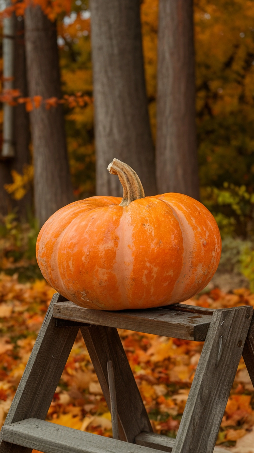 A Cinderella pumpkin sitting on a wooden ladder in an autumn setting.
