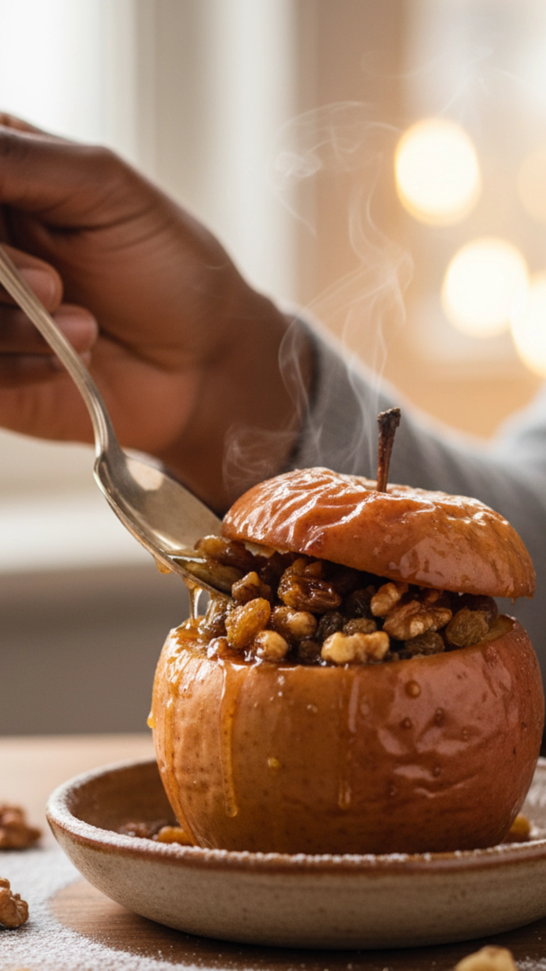 18 Amazing Healthy Thanksgiving Recipes to Try Now 16 A close-up of a soft, baked apple stuffed with nuts and cinnamon.