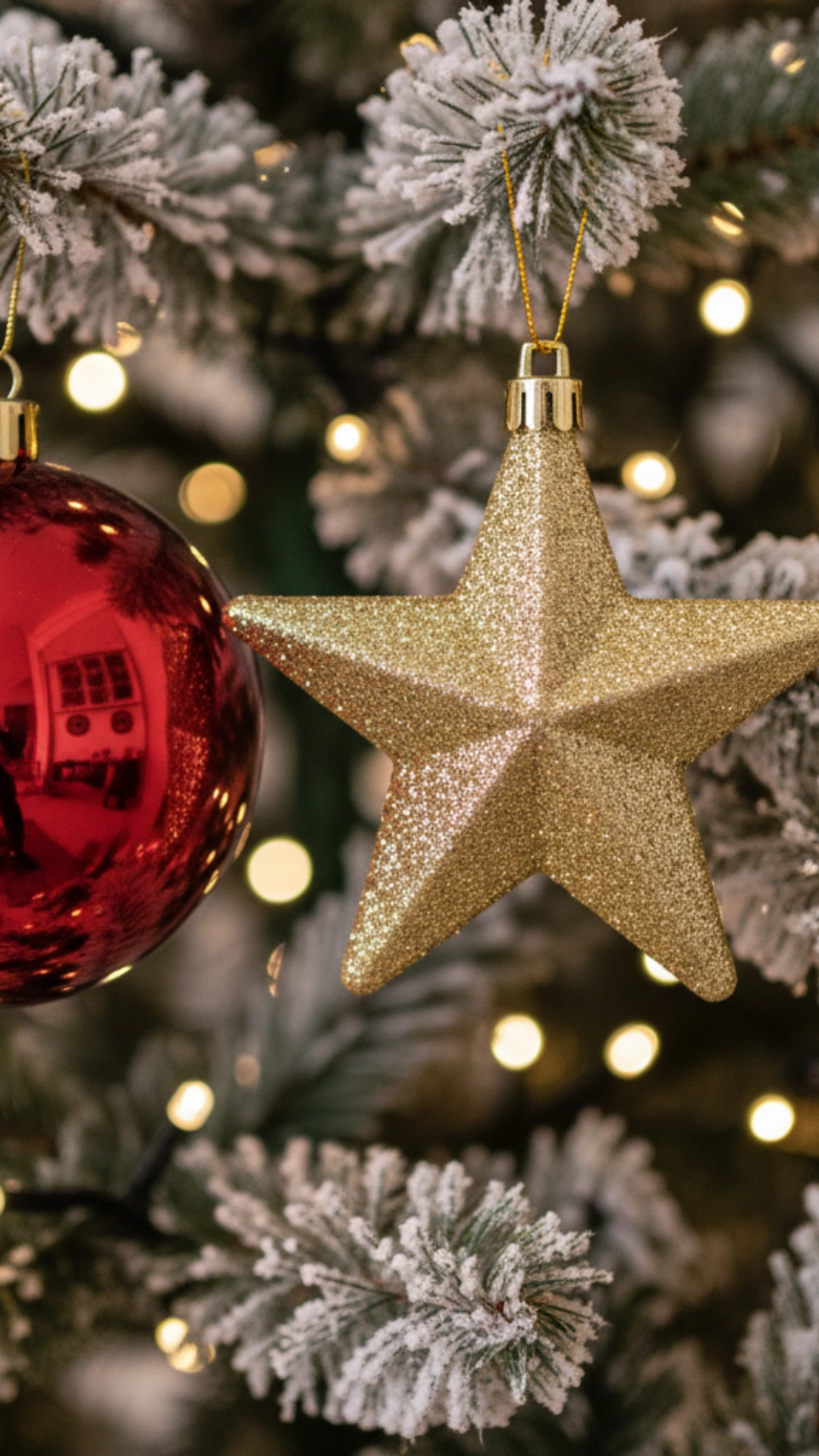 A close-up of a shiny red and a glittering gold ornament on a Christmas tree with warm lights.