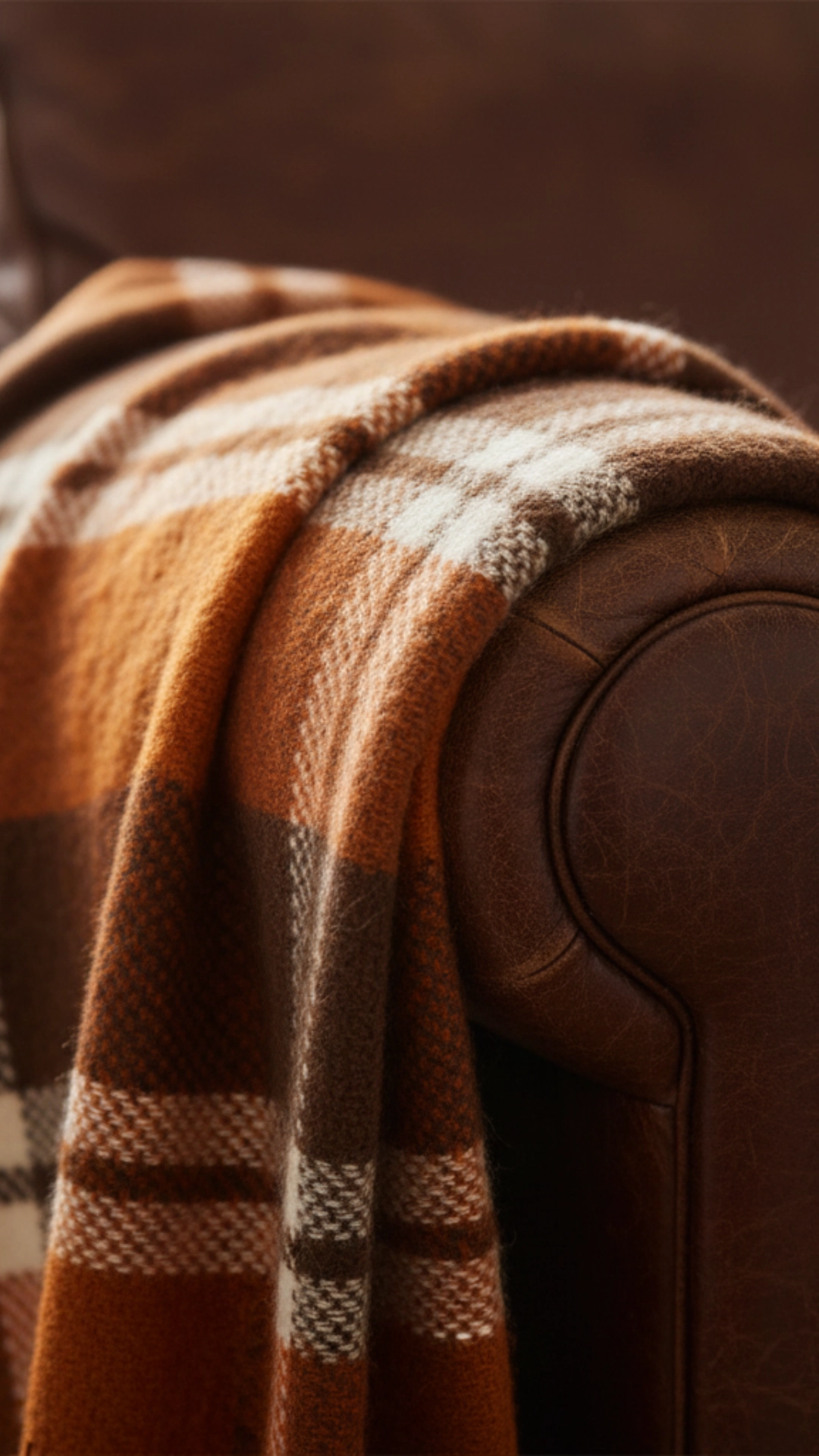 15 Unforgettable Rustic Living Room Decor Ideas 20 A close-up of a classic orange and brown plaid wool throw blanket casually draped over the arm of a sofa.
