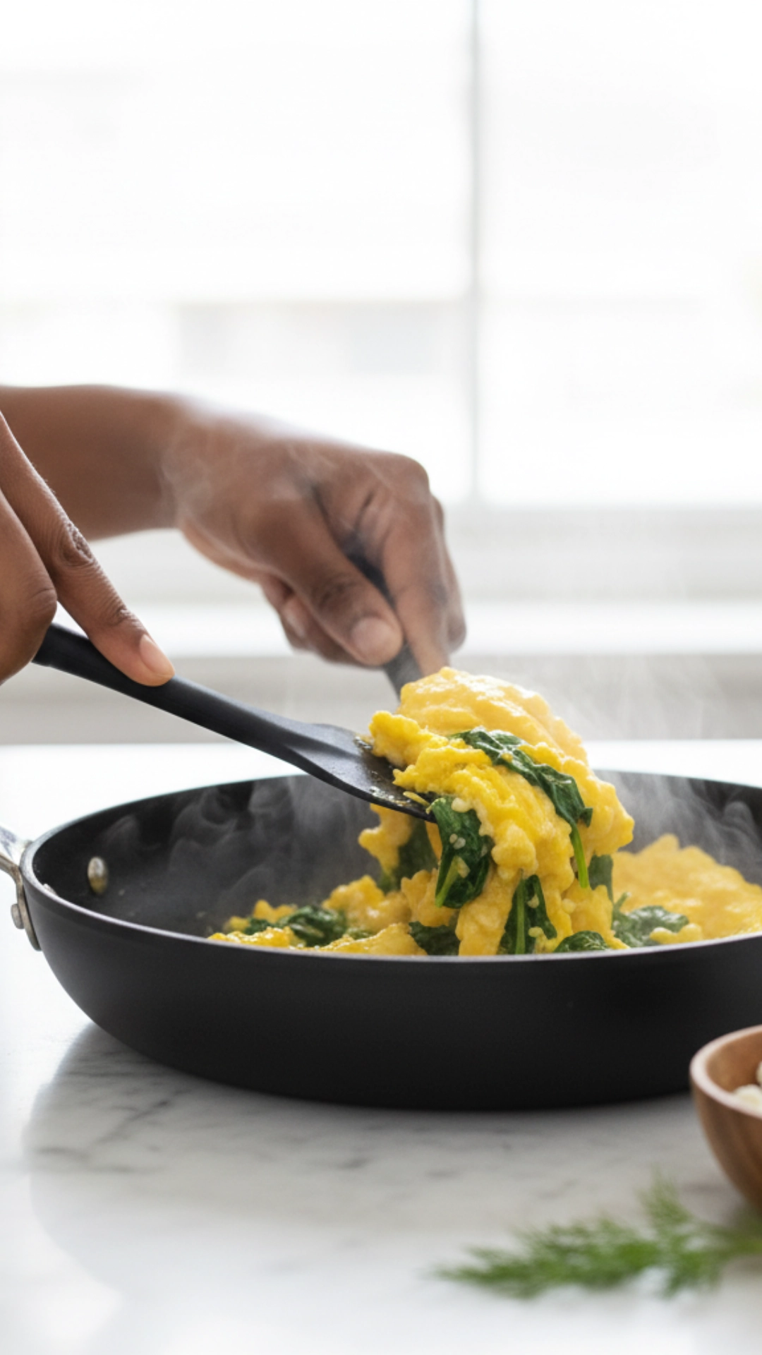 10 Delicious High-Protein Breakfast Ideas 2 A close-up of creamy scrambled eggs with spinach being cooked in a pan, ready to be served as a high-protein breakfast.