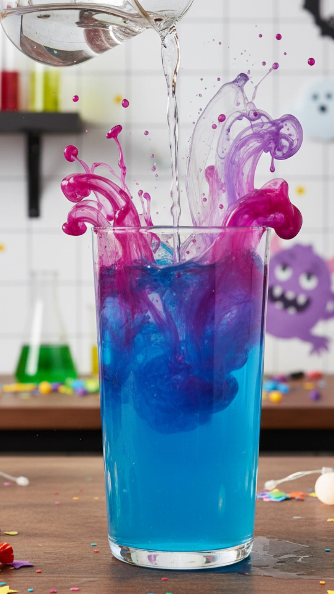 15 Fun Non Alcoholic Halloween Punch Recipes 10 A magical color-changing nonalcoholic Halloween punch recipe transforming from blue to purple as lemonade is added.