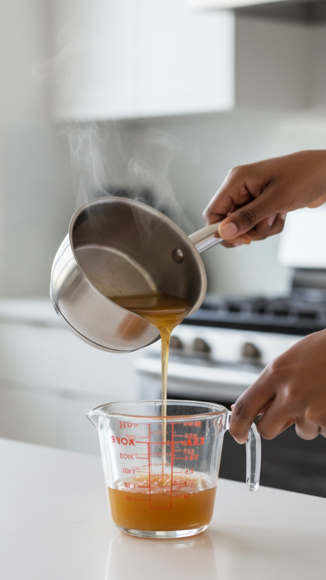 Thick, syrupy apple cider reduction being poured from a saucepan into a glass measuring cup in a kitchen.