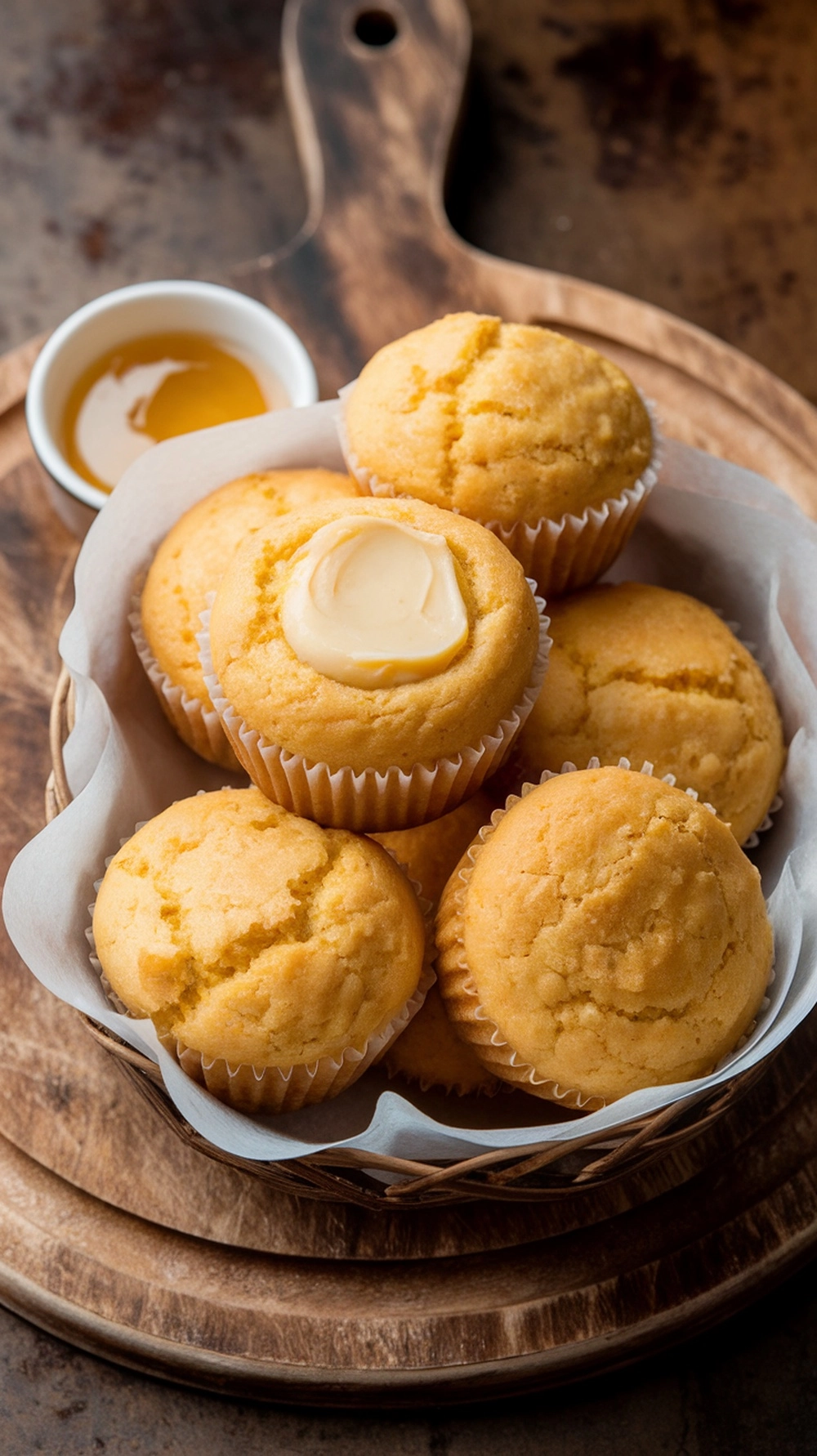 10 Easy Thanksgiving Side Dishes Everyone Will Love 8 A basket of cornbread muffins with honey butter on a wooden platter.