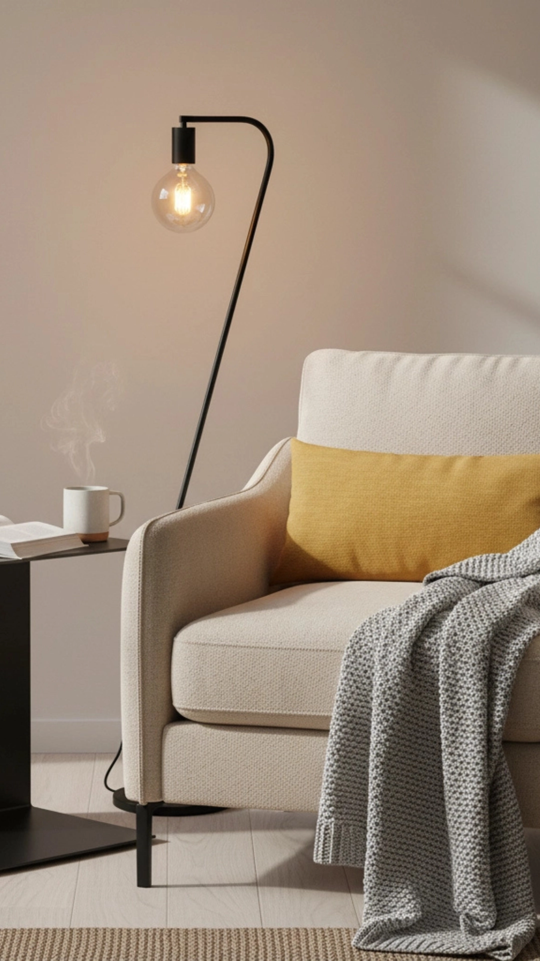 10 Insane Modern Living Room Decor Ideas for Autumn 11 A perfectly styled cozy reading nook for fall with a comfortable armchair, throw blanket, pillow, and warm lamp.