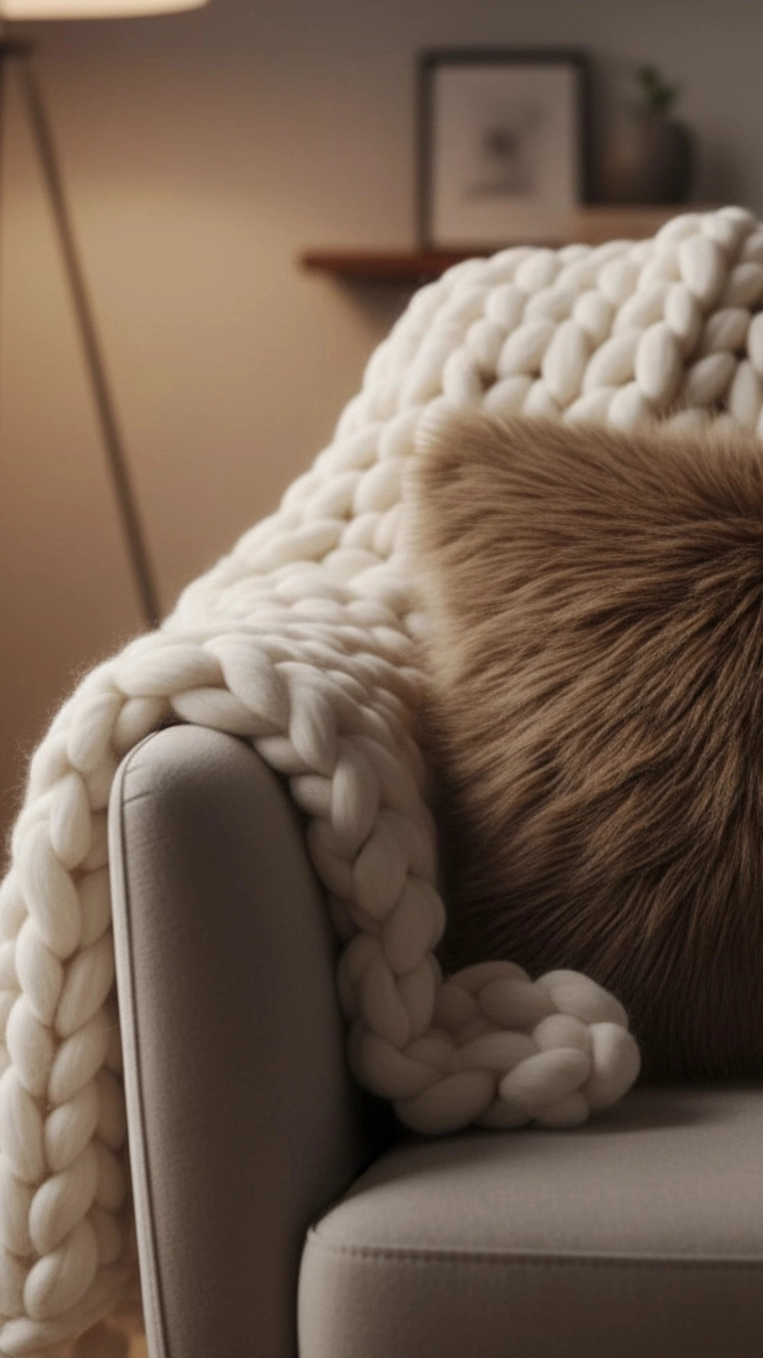 10 Insane Modern Living Room Decor Ideas for Autumn 6 A close-up of a chunky knit blanket and a faux fur pillow layered on an armchair, creating a cozy autumn feel.