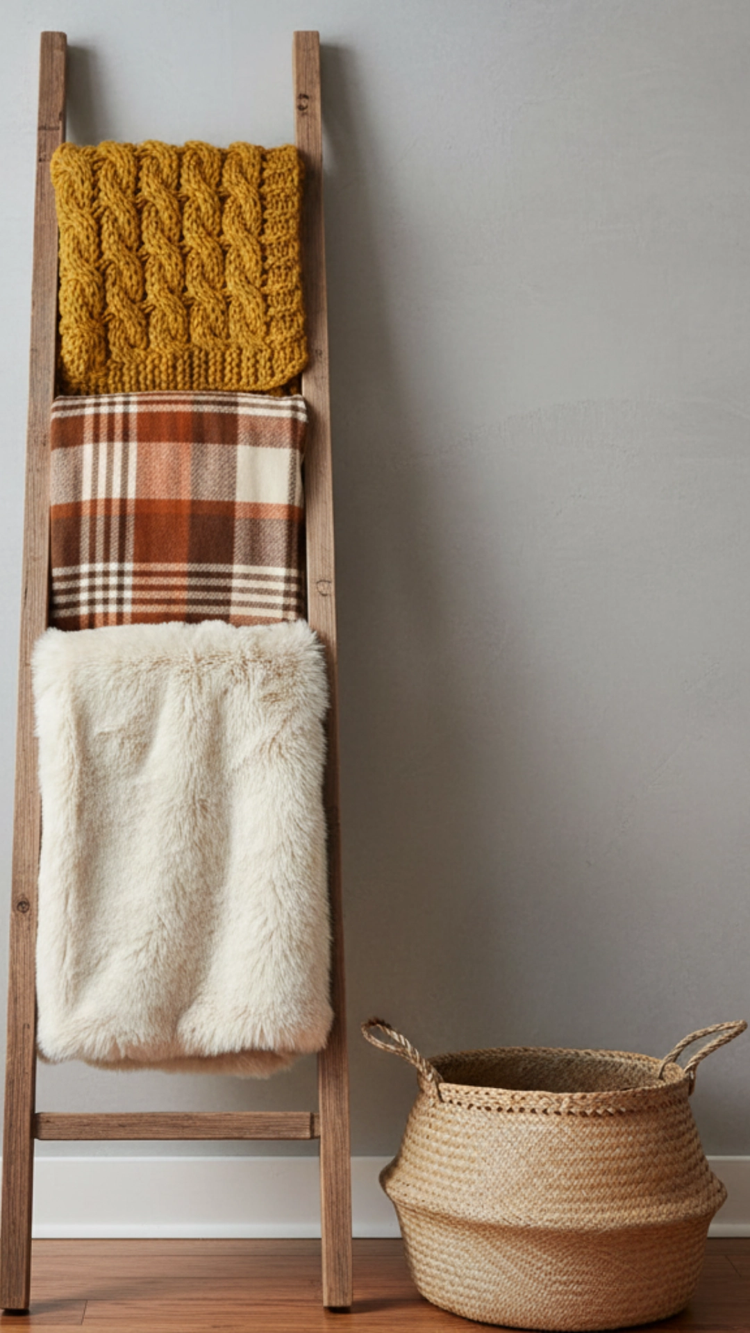 15 Unforgettable Rustic Living Room Decor Ideas 4 A rustic wooden ladder leaning against a wall, elegantly draped with several cozy, textured fall blankets in different colors.