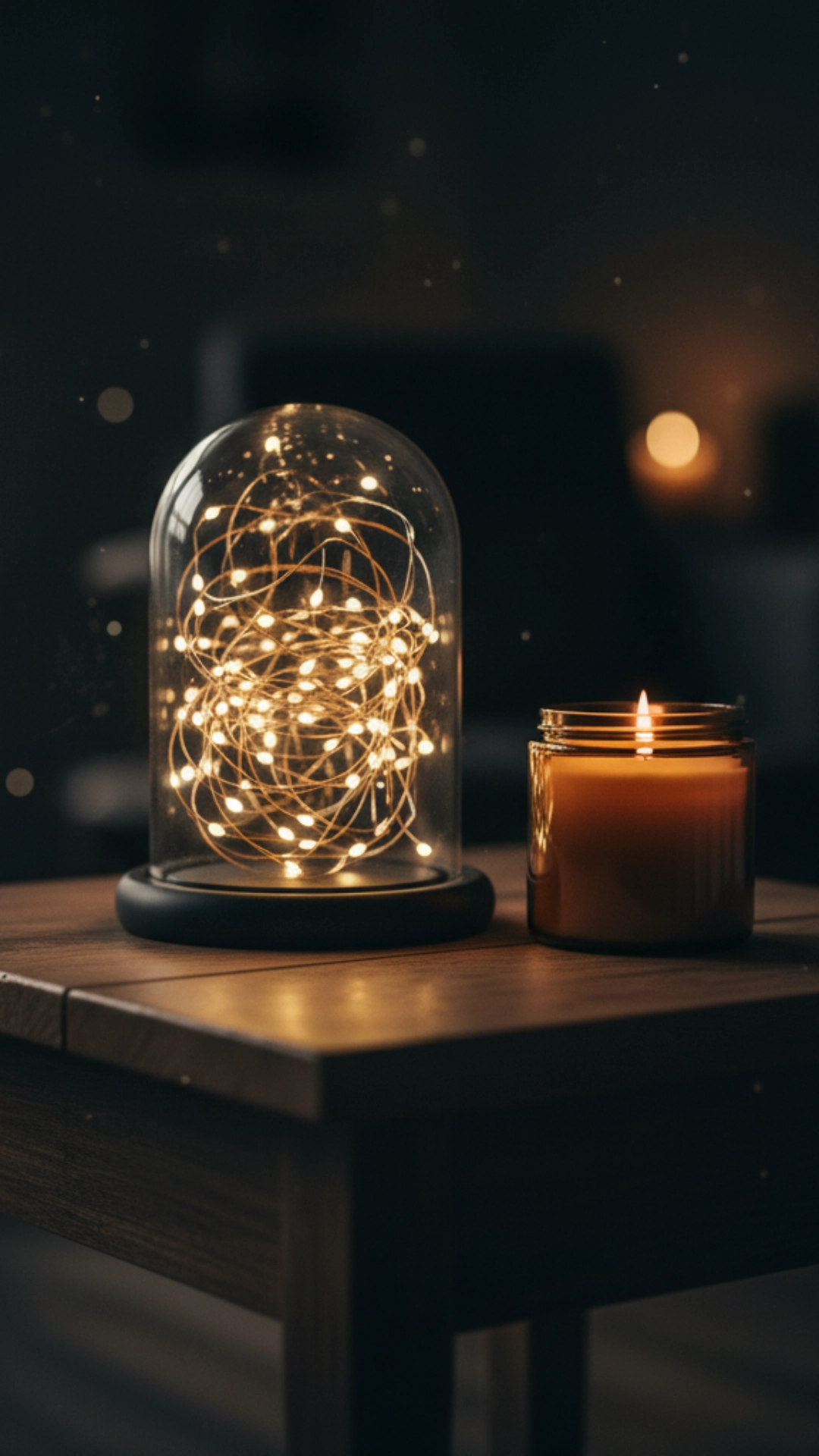 15 Unforgettable Rustic Living Room Decor Ideas 14 A close-up of a glass cloche filled with warm, glowing copper fairy lights sitting on a wooden side table.