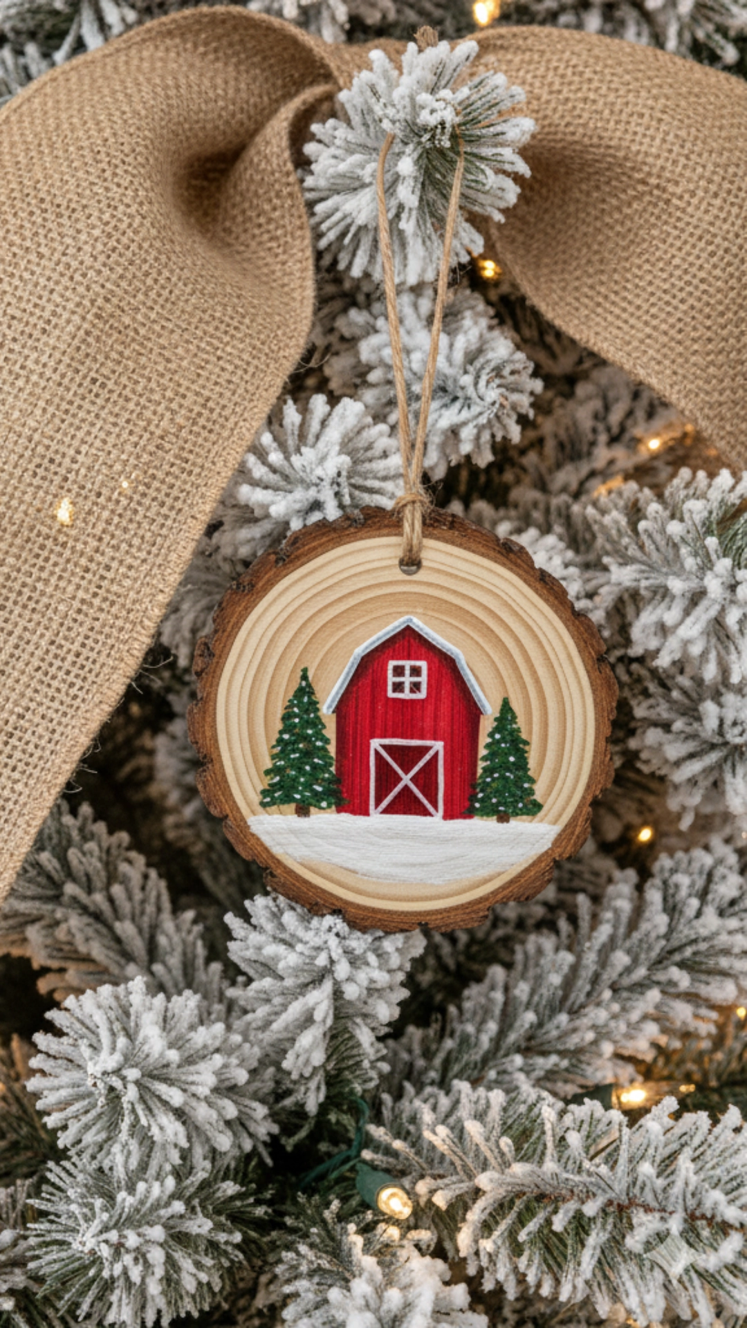A Christmas tree with a burlap ribbon and a natural wood slice ornament.