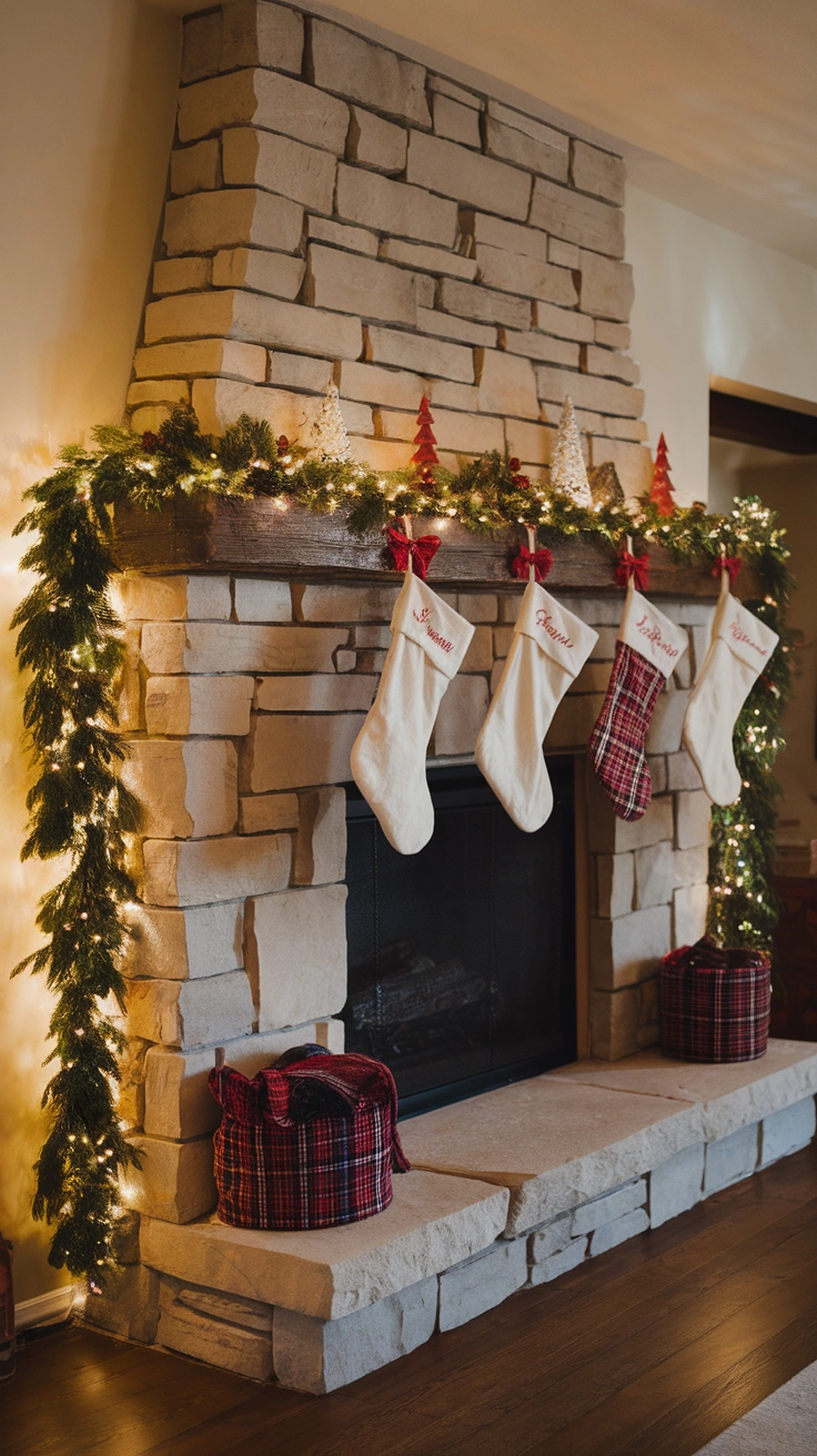 14 Creative Christmas Decor Ideas for Your Home 9 A beautifully decorated fireplace mantel for Christmas with stockings, garland, and lights.