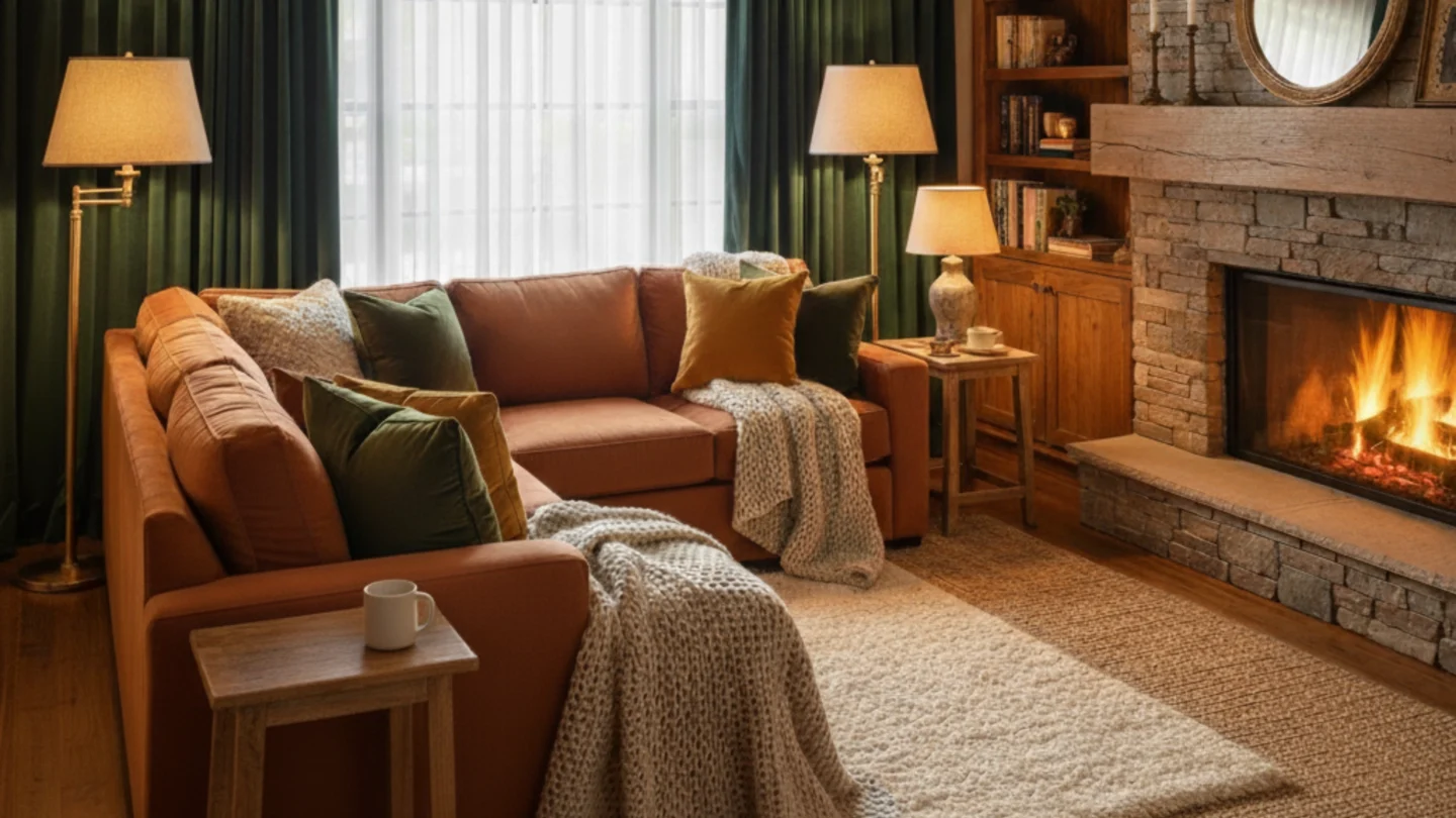 17 Cozy Living Room Decor Ideas for a Warm Winter 1 A beautifully styled, warm, and inviting cozy living room with layered textures and soft lighting, illustrating various decor ideas.