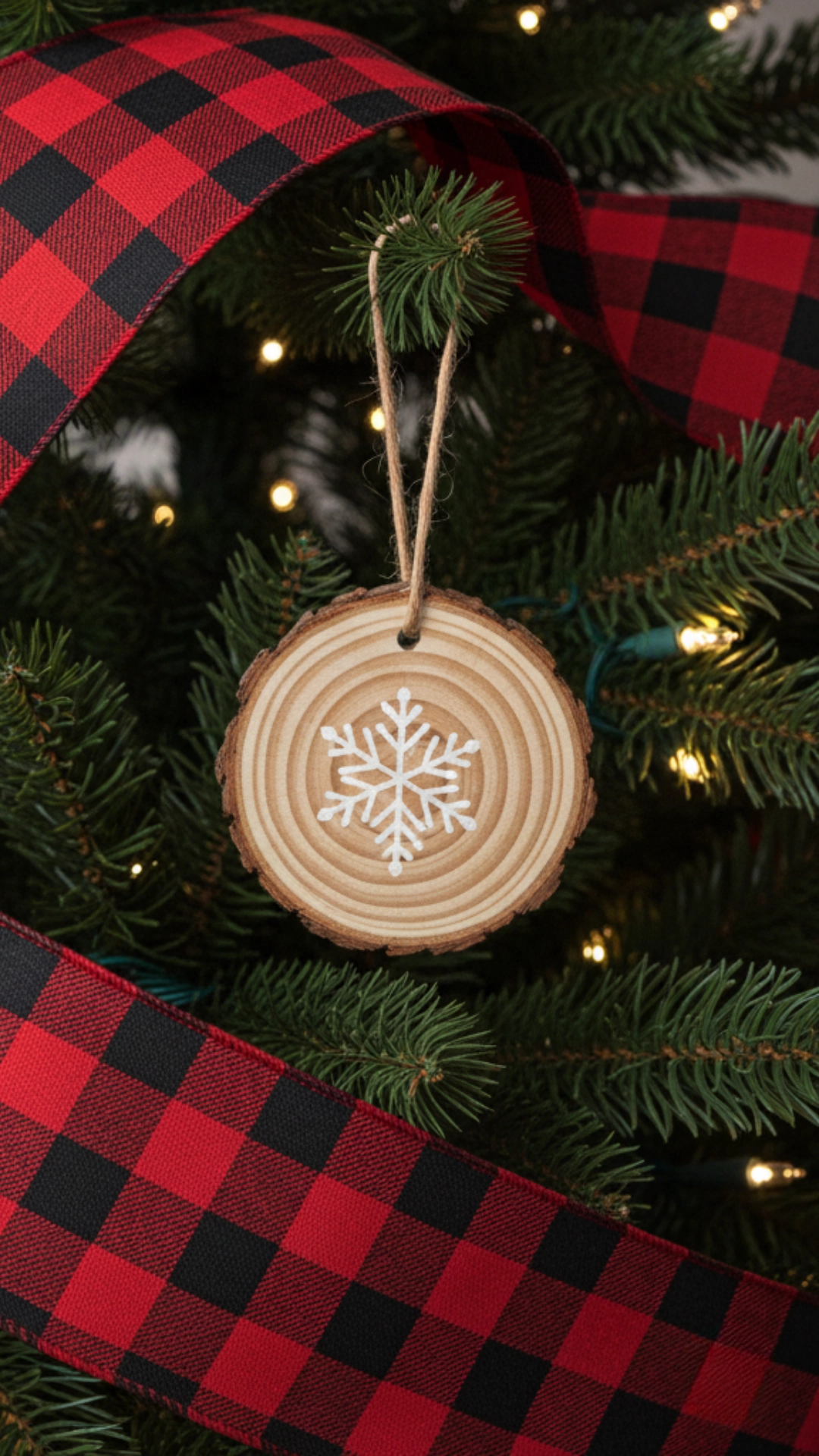 A red and black buffalo check ribbon woven through the branches of a Christmas tree.
