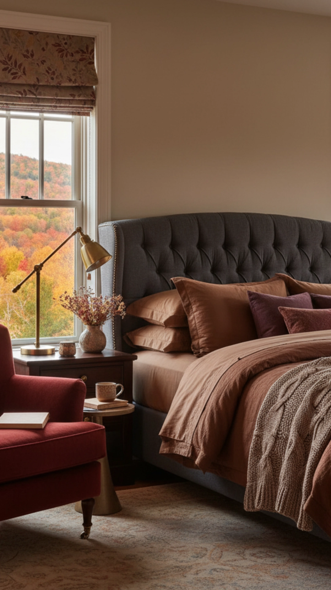 A cozy bedroom with a plush red armchair next to a large window showing autumn trees, and a bed with warm-toned bedding.