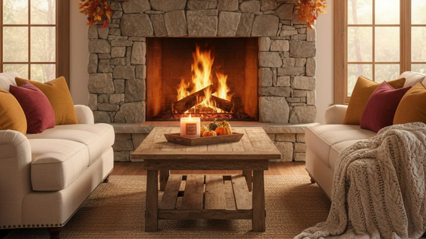 15 Unforgettable Rustic Living Room Decor Ideas 1 A beautifully decorated Rustic Living Room Decor with a stone fireplace, a cozy sofa filled with autumn-colored pillows, and a chunky knit blanket. A wooden coffee table in the center holds a tray with pumpkins and candles.