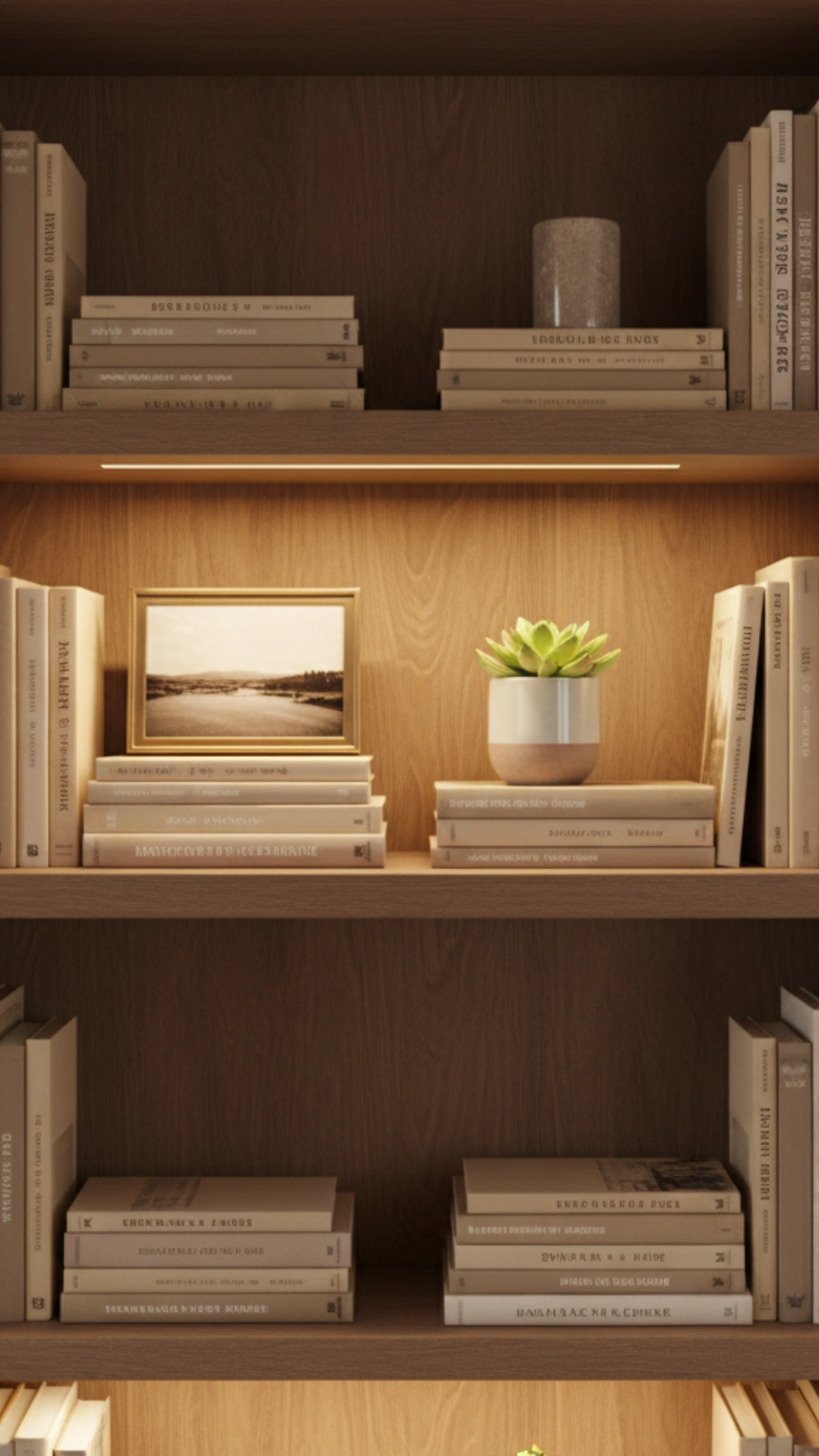 17 Cozy Living Room Decor Ideas for a Warm Winter 5 A cozy, styled bookshelf with books turned backward, a small plant, and a warm accent light, an example of cozy living room decor.