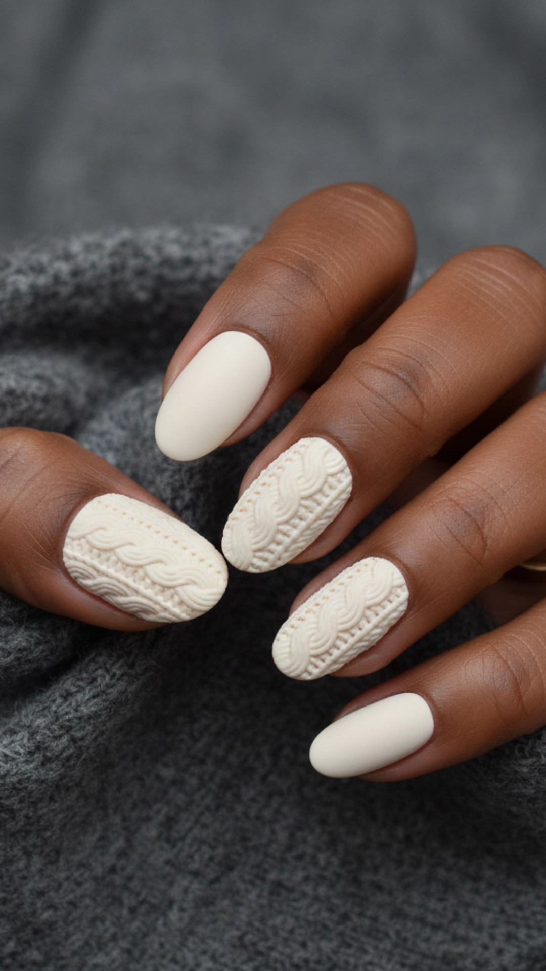 25 Jaw-Dropping Fall Nail Ideas You Must Try 5 A 3D sweater knit nail art design in a soft cream color.