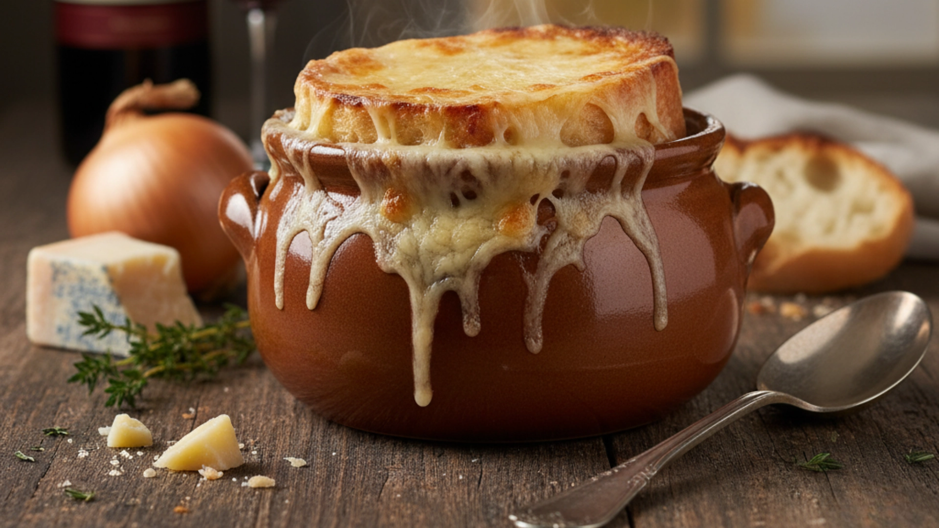 Cozy Thanksgiving Soups: French Onion Soup with melted, golden-brown cheese bubbling over the sides
