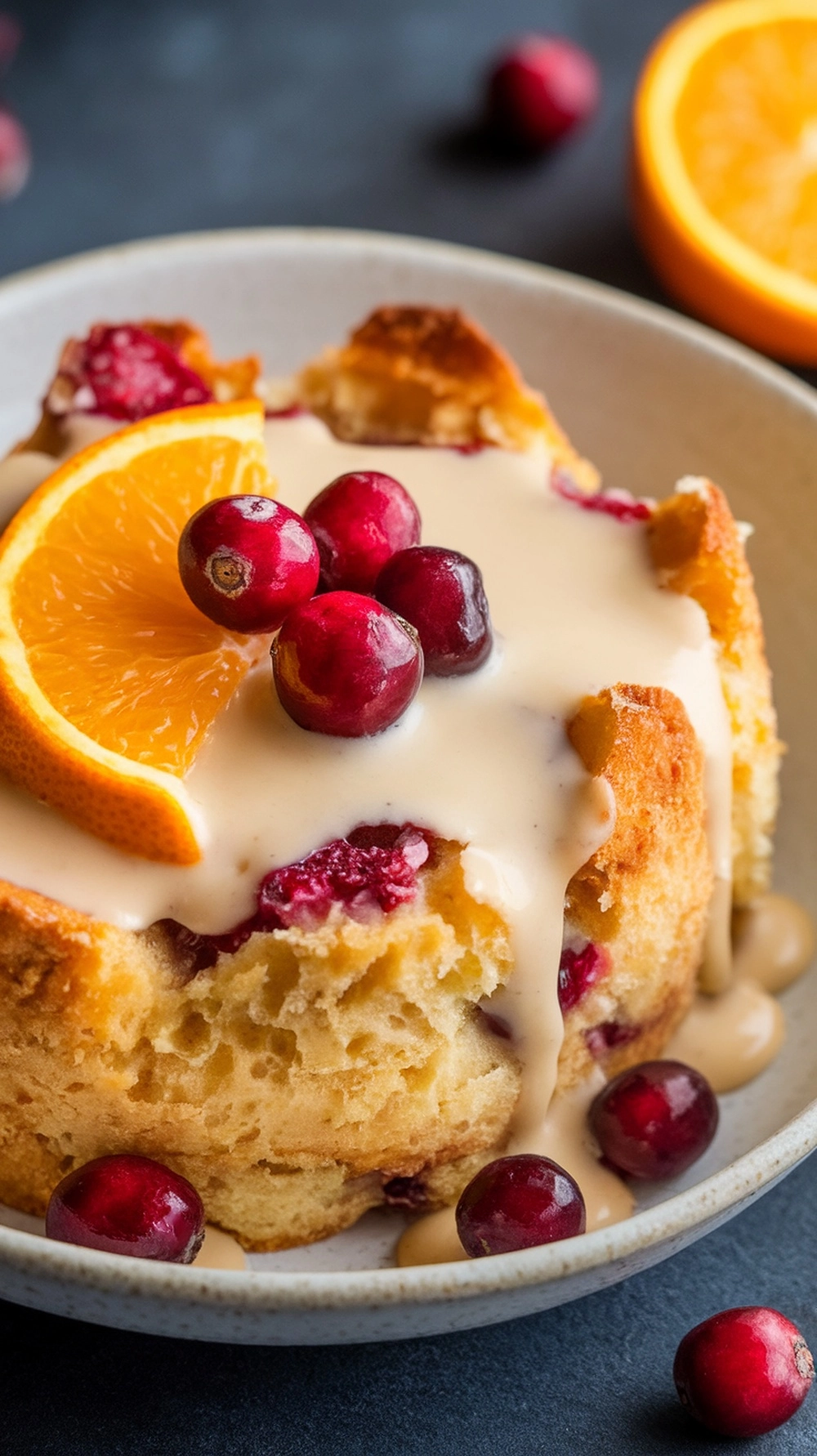 16 Irresistible Christmas Desserts That Will Wow Your Guests 15 A serving of cranberry orange bread pudding topped with cranberries and an orange slice, drizzled with cream.