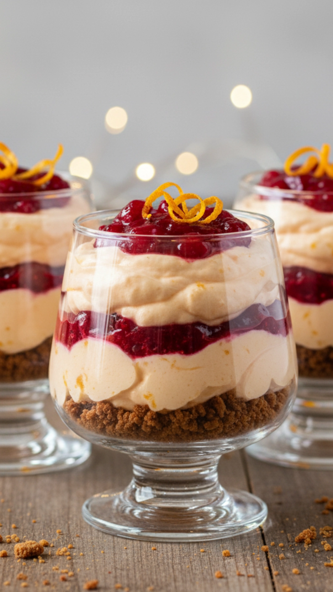 Epic Thanksgiving Desserts to Impress Your Guests 5 Three layered cranberry orange mousse parfaits in clear glasses with visible layers and orange garnish.