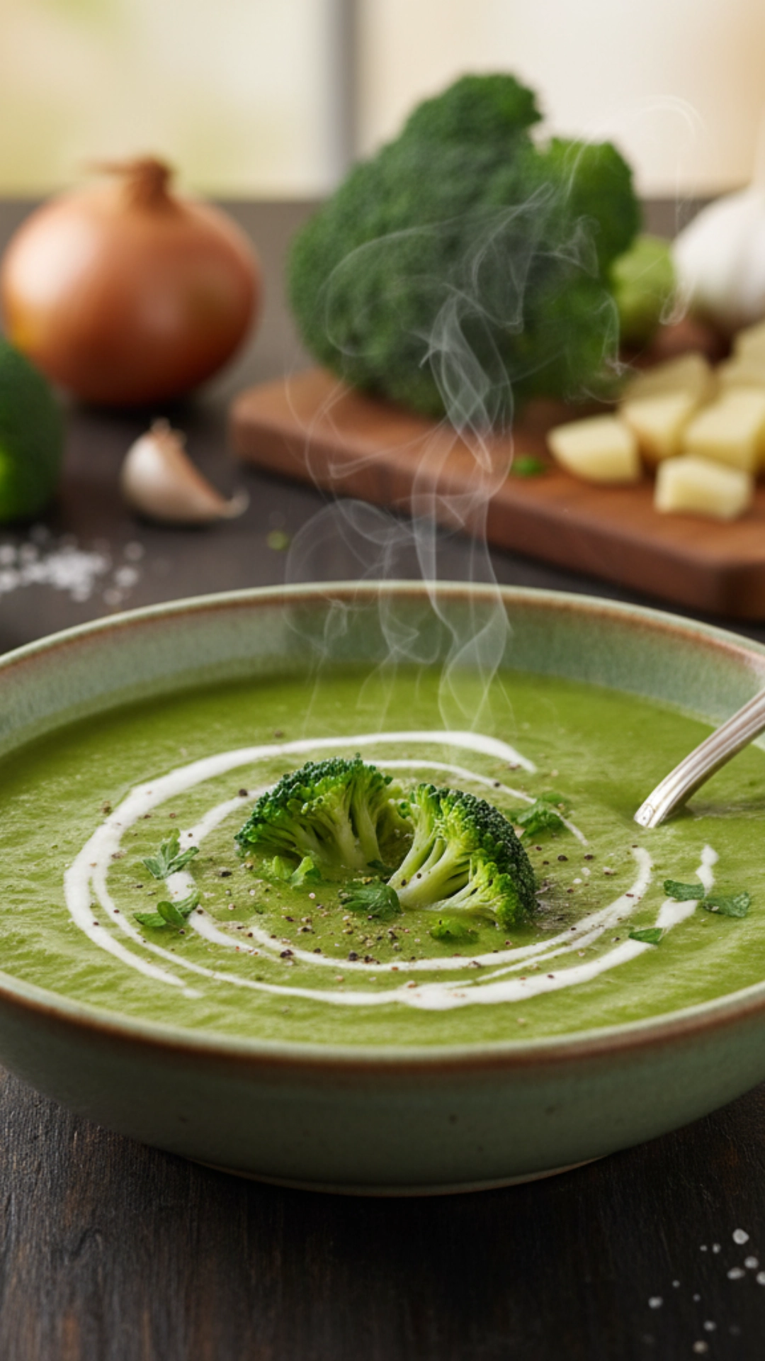 15 Irresistible Cozy Thanksgiving Soups Everyone Will Love 11 Bright green Creamy Broccoli Soup with a dollop of half-and-half and a single broccoli floret garnish.