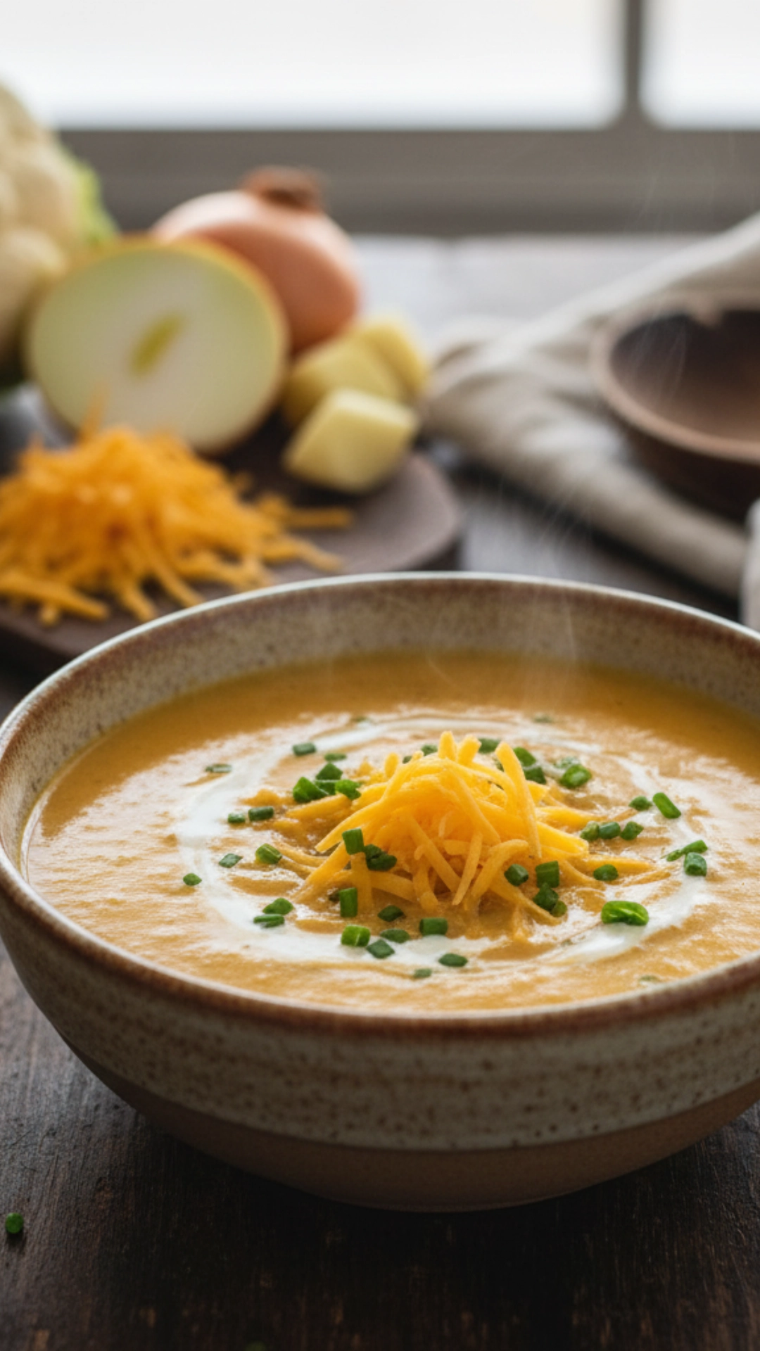 15 Irresistible Cozy Thanksgiving Soups Everyone Will Love 7 Rich and creamy cauliflower soup with melted cheddar cheese, garnished with fresh chives.