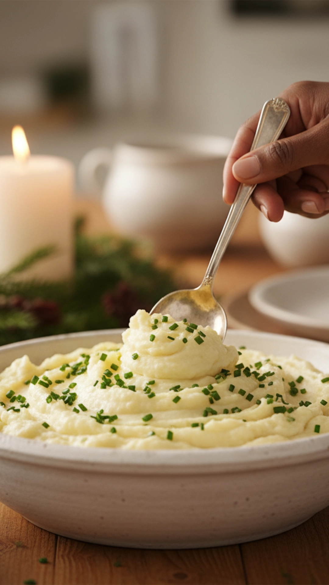18 Amazing Healthy Thanksgiving Recipes to Try Now 5 A spoon dipping into a bowl of creamy garlic mashed cauliflower topped with chives.