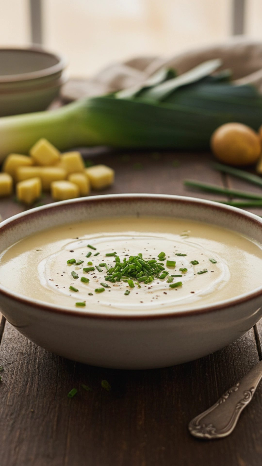 15 Irresistible Cozy Thanksgiving Soups Everyone Will Love 4 Hearty, creamy potato and leek soup, garnished with fresh green chives and a swirl of cream.