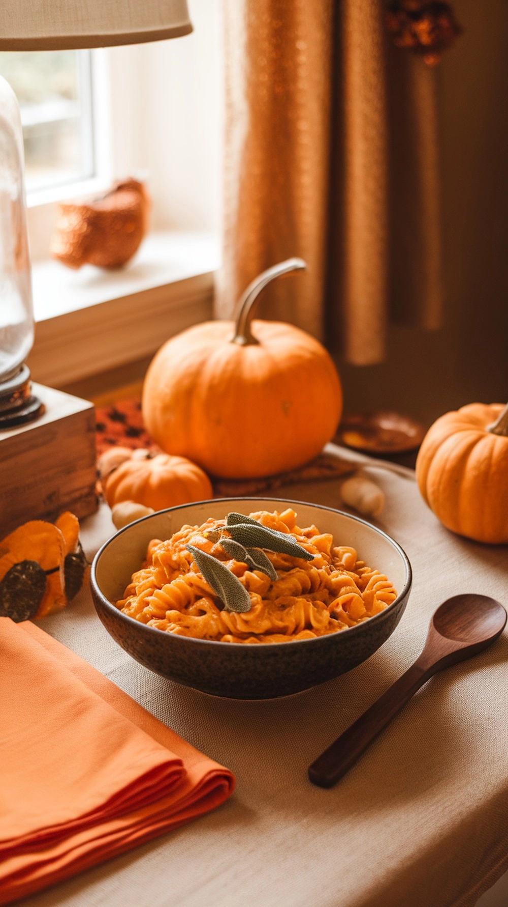14 Quick Fall Dinner Ideas For Busy Nights 5 A bowl of creamy pumpkin pasta garnished with sage leaves, surrounded by pumpkins and warm autumn decor.