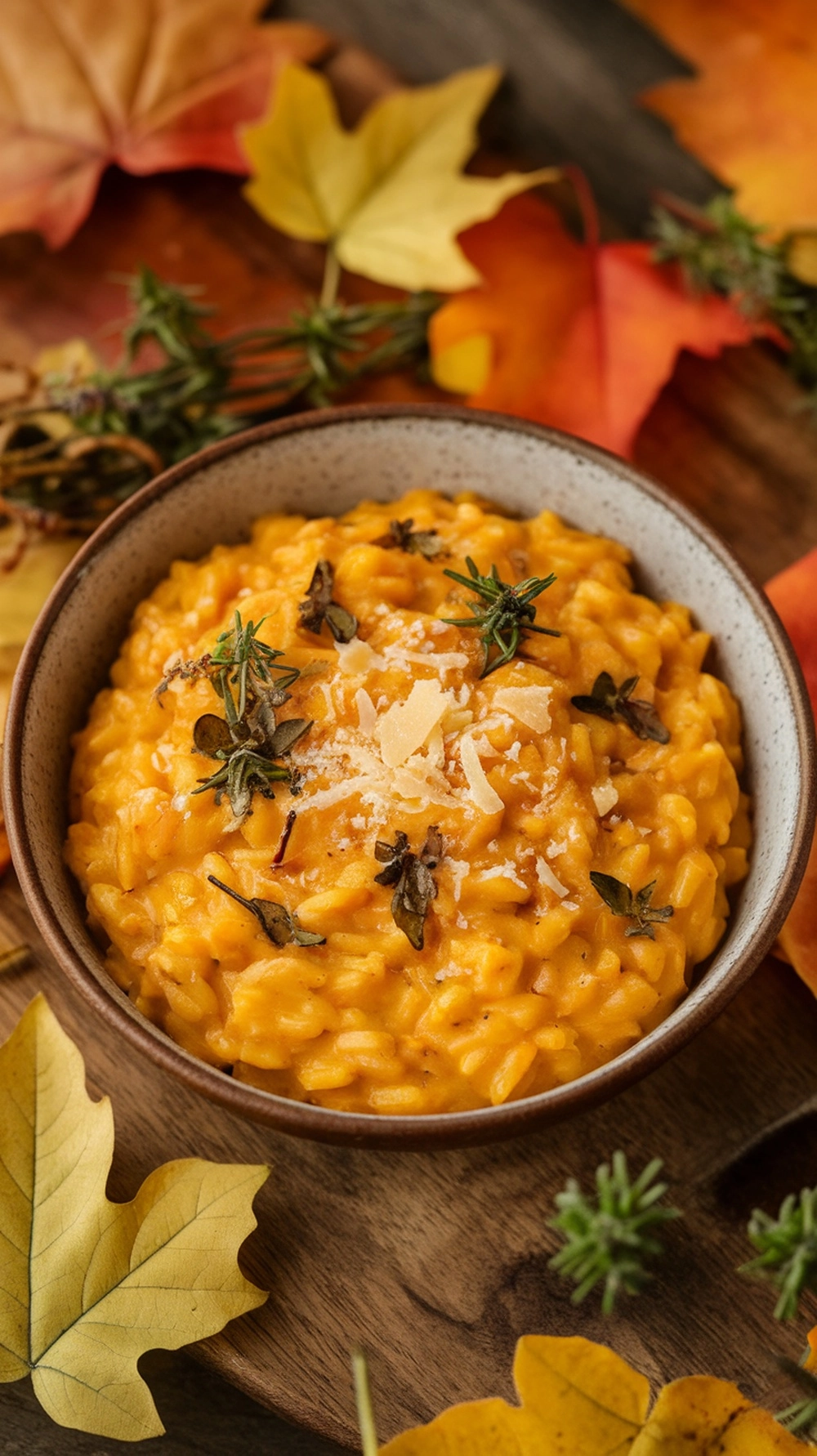 12 Cozy Fall Dinner Recipes To Warm You Up 4 A bowl of creamy pumpkin risotto garnished with herbs, surrounded by autumn leaves.
