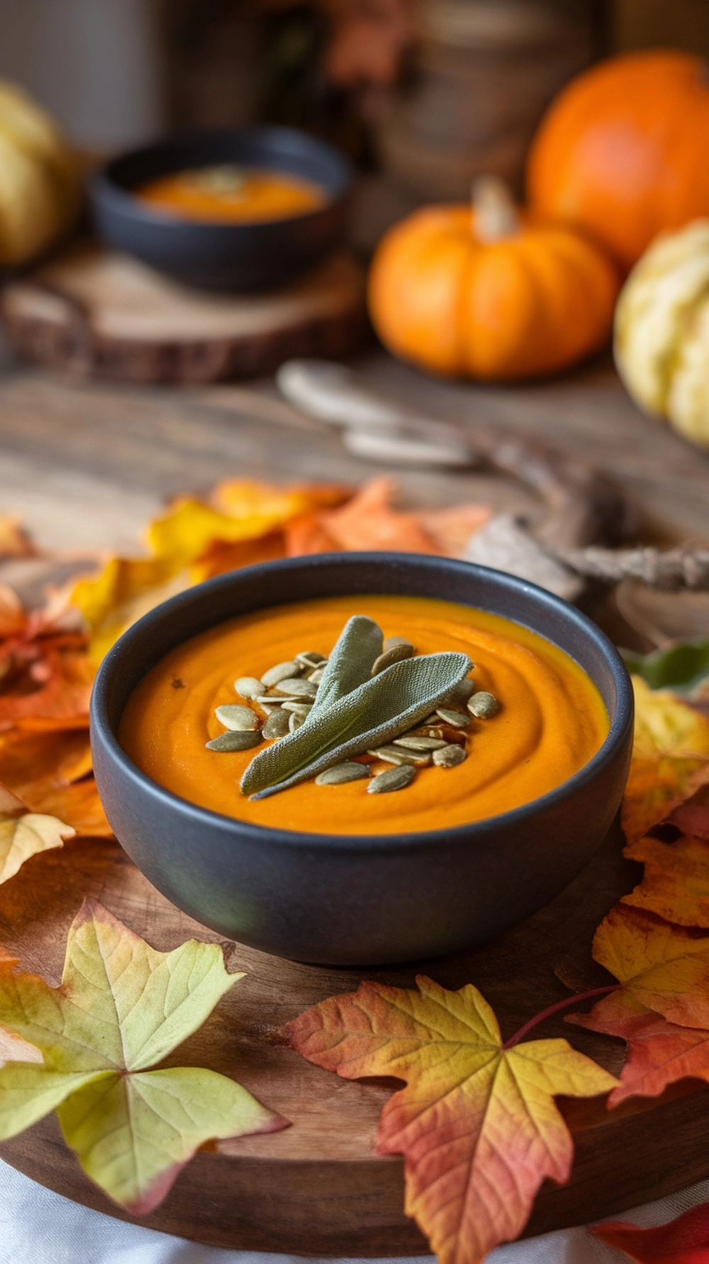 10 Cozy Fall Soup Recipes to Keep You Warm All Season 2 A bowl of creamy pumpkin sage soup garnished with sage leaves and pumpkin seeds, surrounded by autumn leaves and small pumpkins.