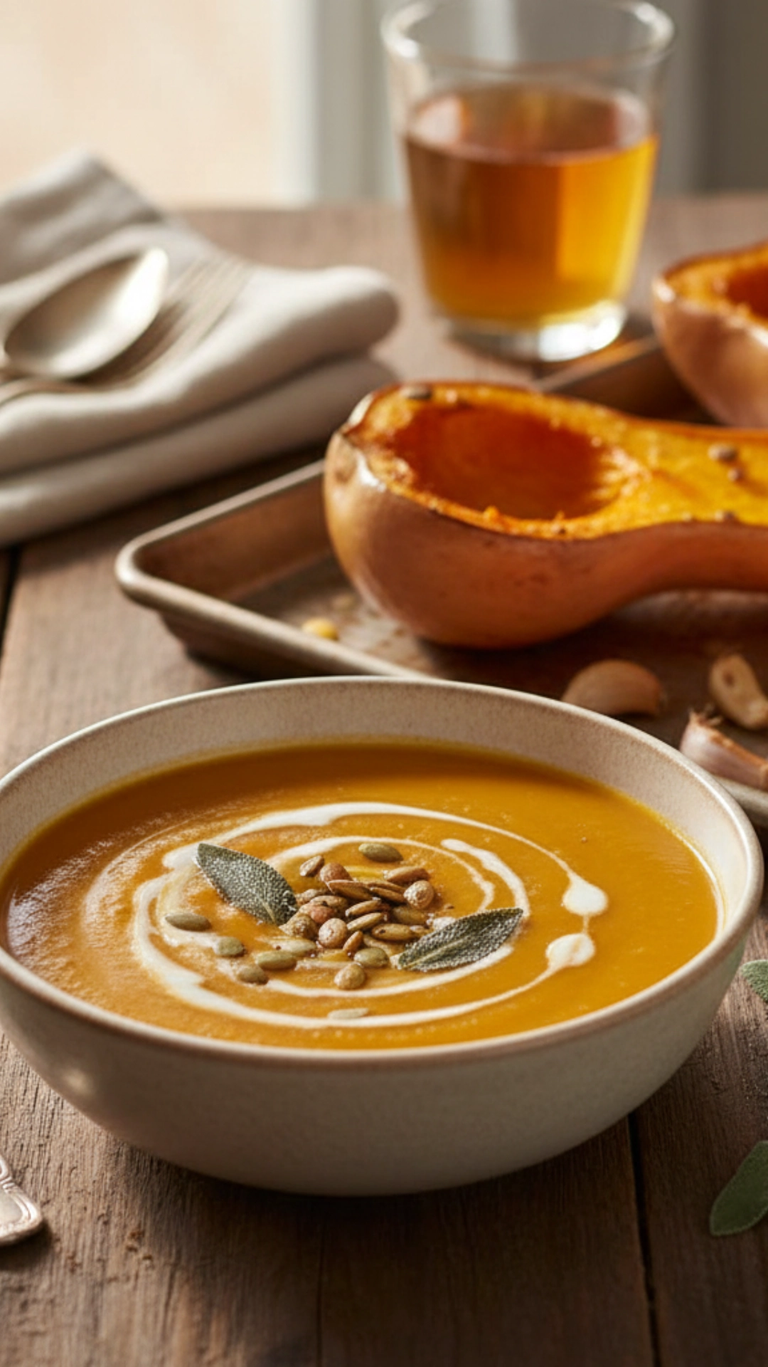15 Irresistible Cozy Thanksgiving Soups Everyone Will Love 2 Smooth and creamy orange butternut squash soup, garnished with a swirl of cream and fresh herbs.