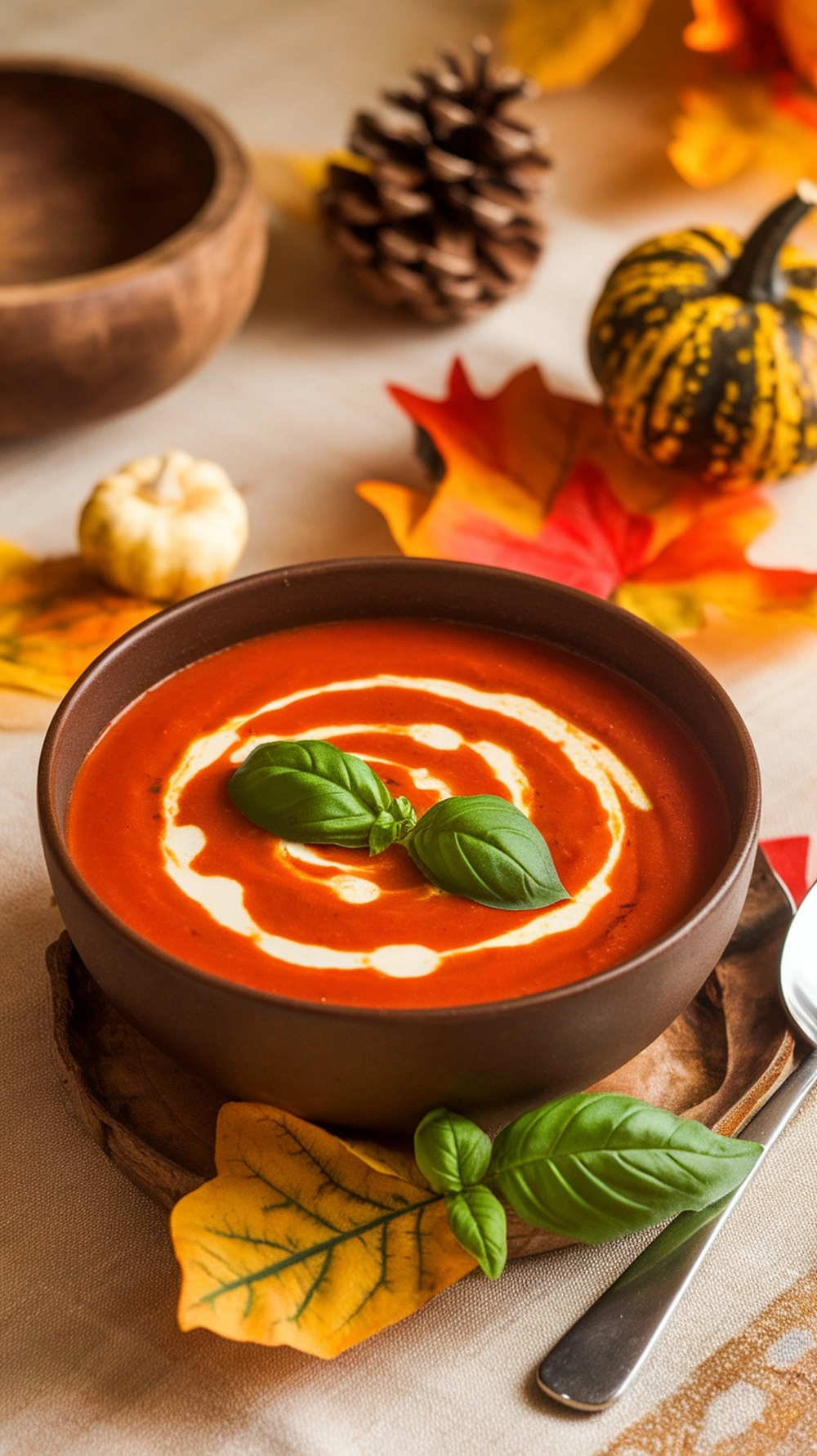 10 Cozy Fall Soup Recipes to Keep You Warm All Season 6 A bowl of creamy tomato basil soup garnished with basil leaves, surrounded by autumn leaves and small pumpkins.