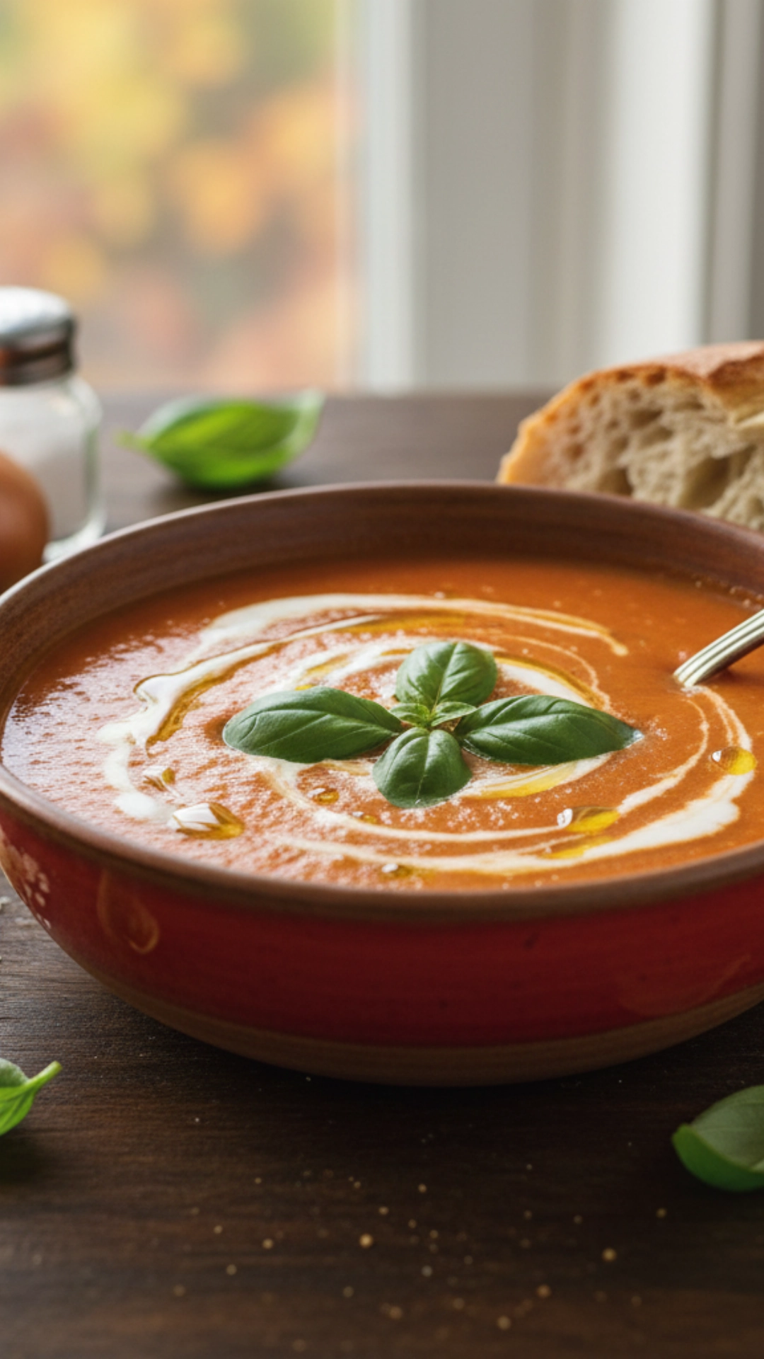 15 Irresistible Cozy Thanksgiving Soups Everyone Will Love 9 Close-up of vibrant red Creamy Tomato and Basil Soup garnished with fresh green basil leaves.