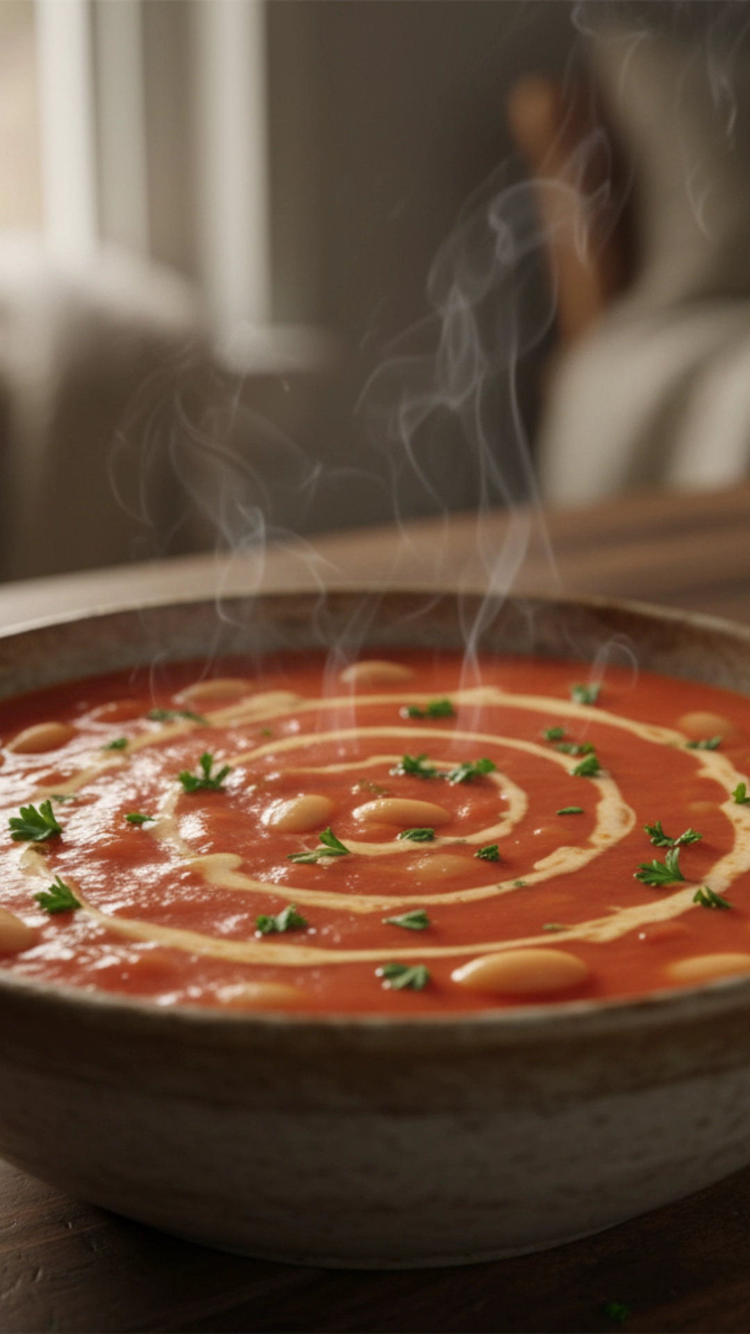 15 Delicious High Fiber Meals to Keep You Full 12 A warm bowl of creamy tomato and white bean soup garnished with parsley.